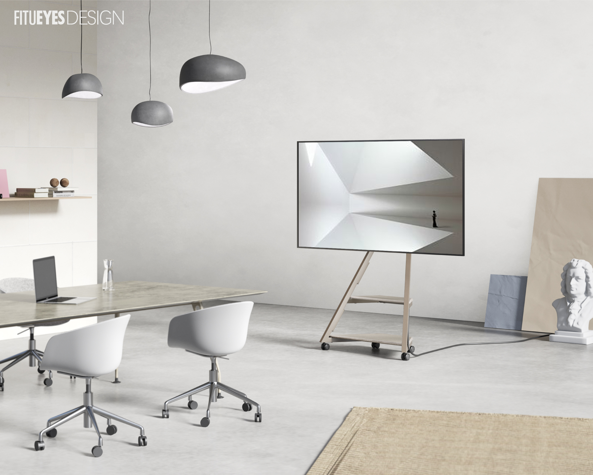 Modernes Büro mit großem Fernseher auf einem Ständer, Schreibtisch, Stühlen und Kunst.
