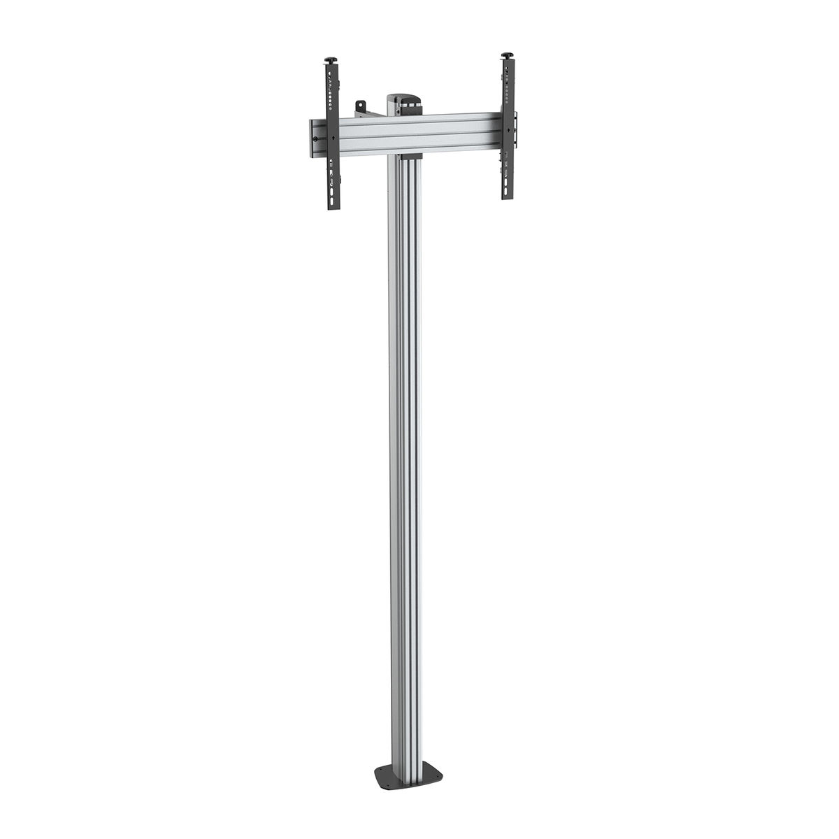 Soporte de TV vertical con un poste plateado y una base negra, que sostiene un soporte de TV.