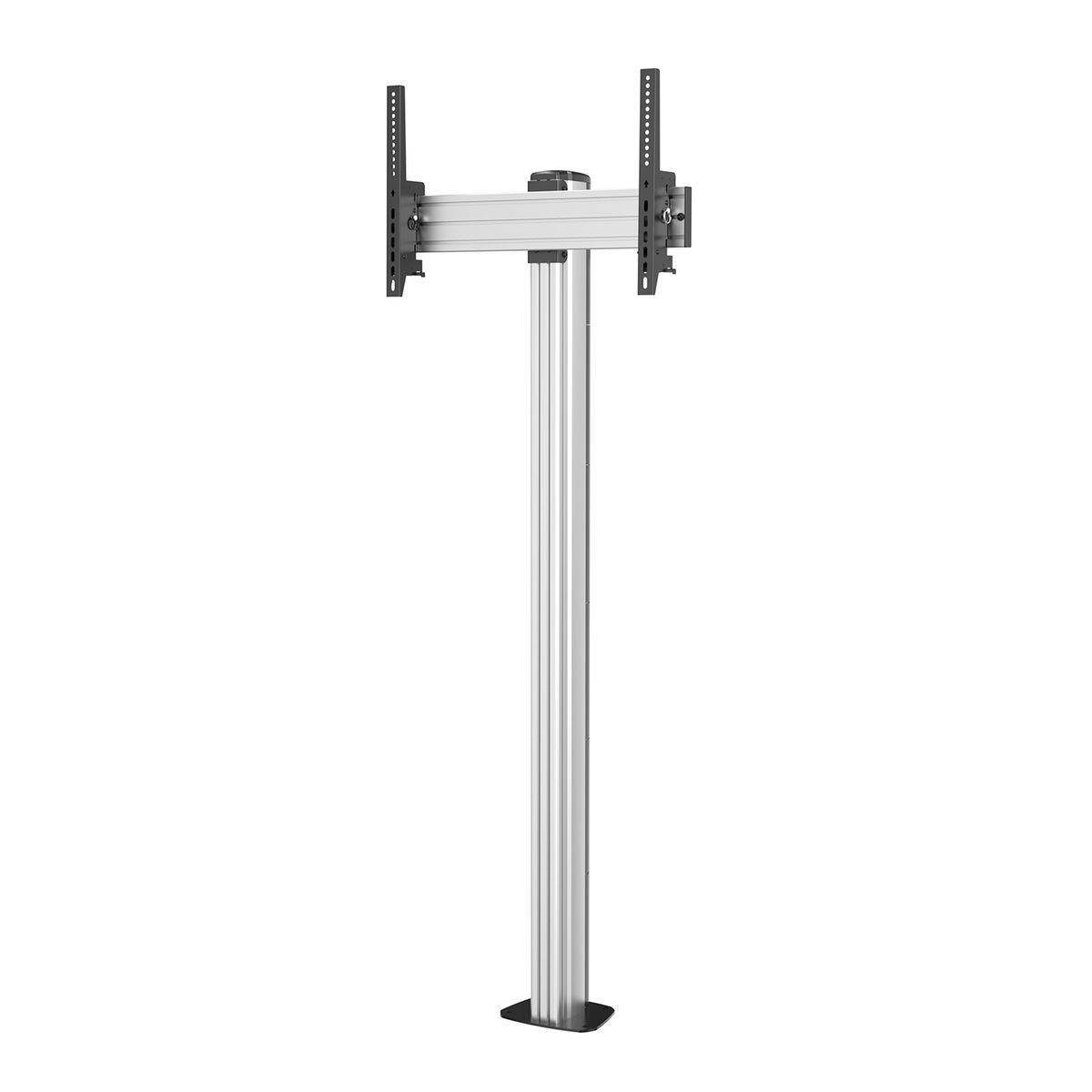 Un soporte de TV con un poste plateado y un soporte para montar un televisor.