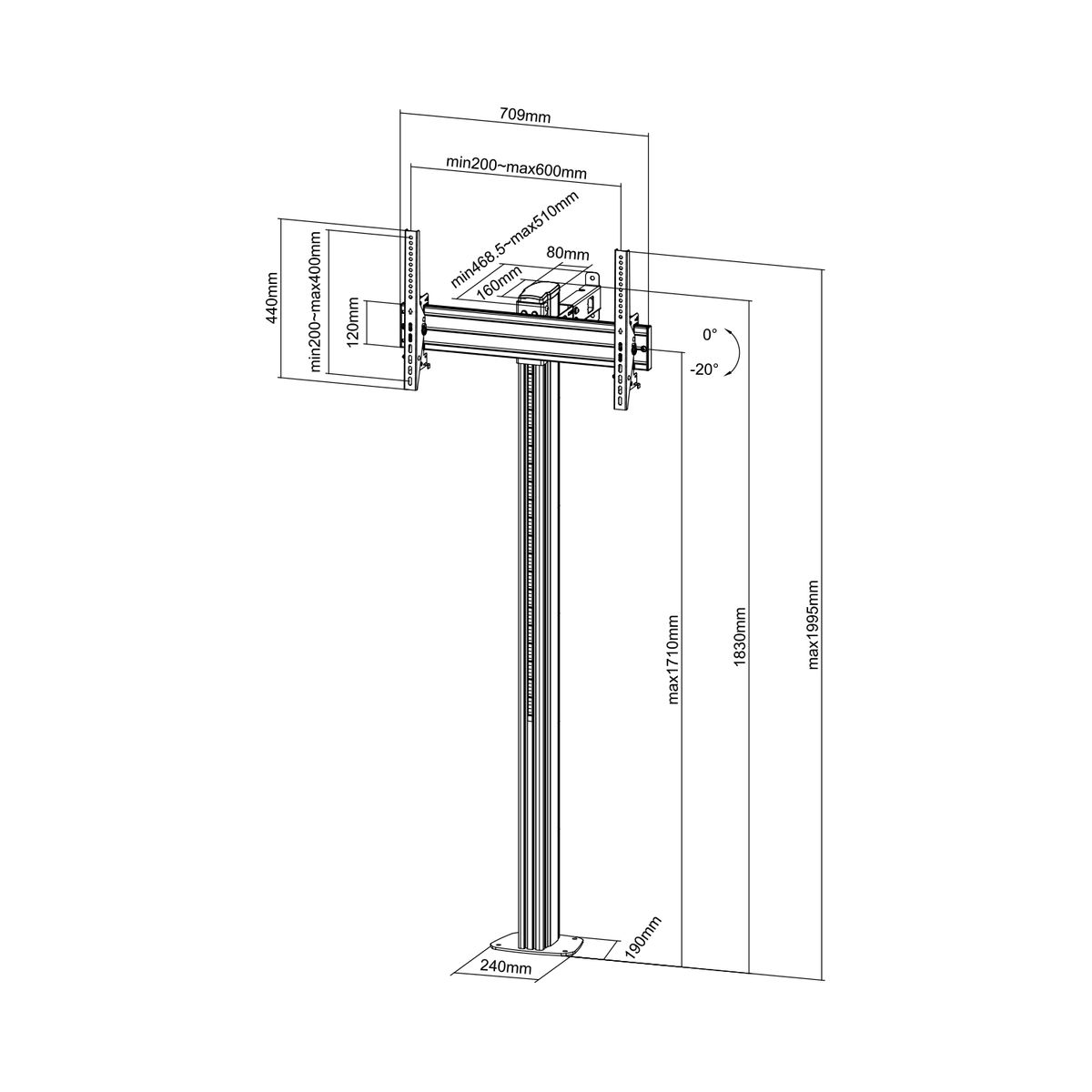 Dibujo técnico de un soporte de TV con medidas y dimensiones.