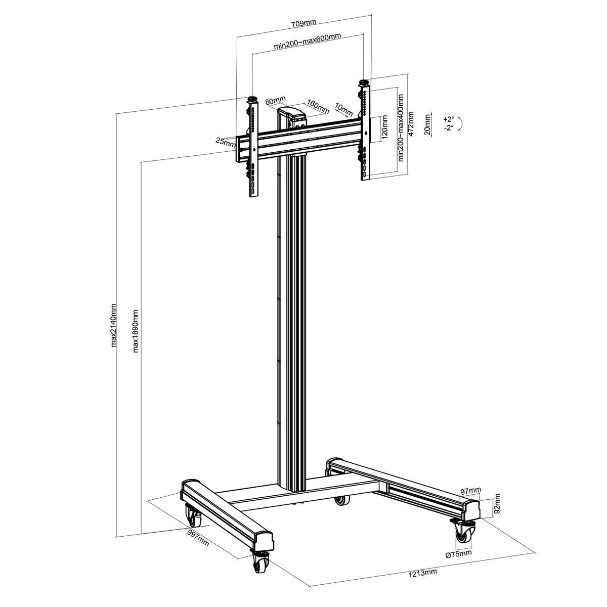 Diagram van een tv-standaard met afmetingen en maten in mm.
