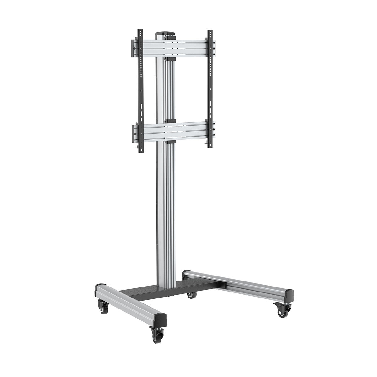 Soporte de TV. Estructura metálica con ruedas. El televisor no está montado.