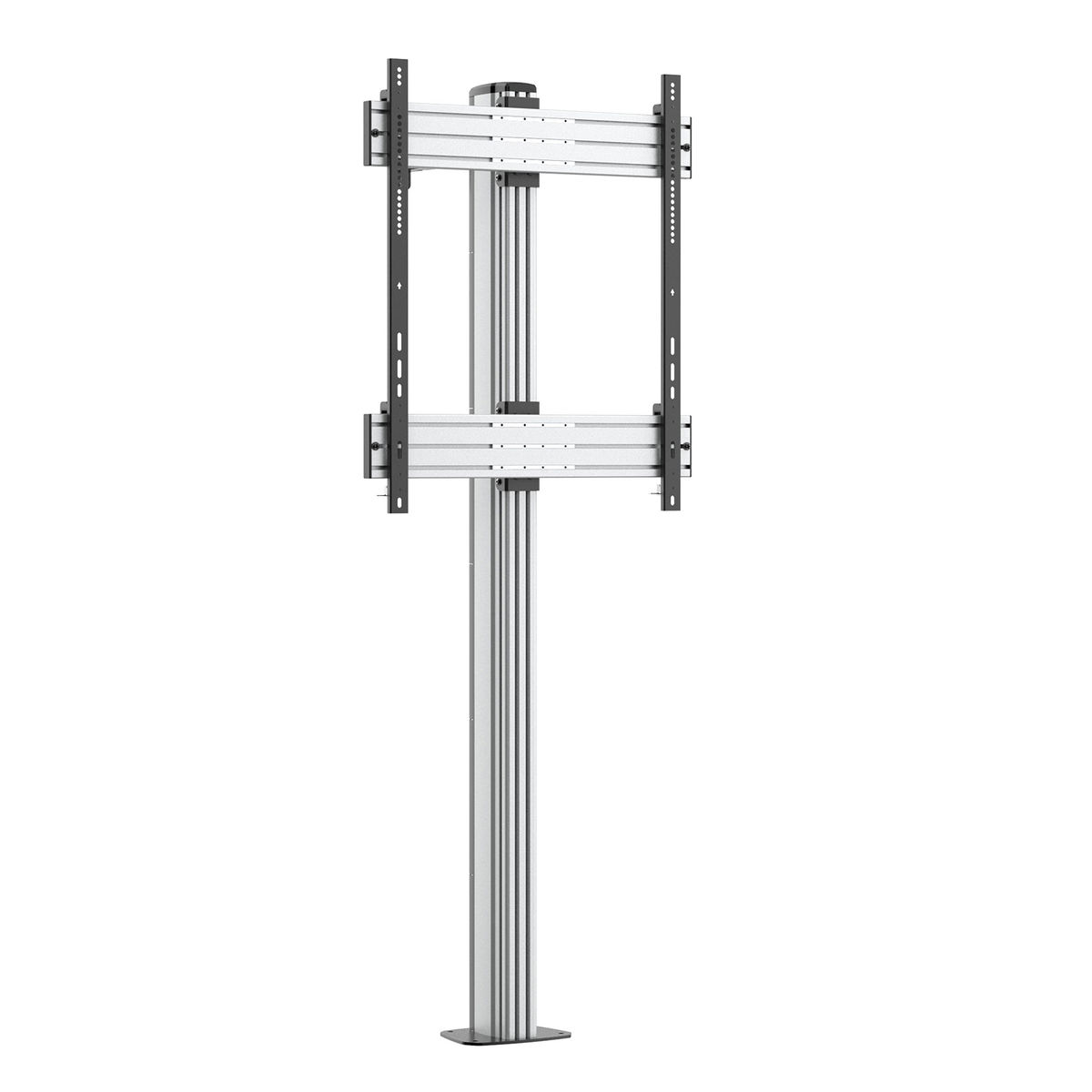 Un soporte de TV plateado con un soporte para TV. El soporte está sobre una base negra y tiene un poste vertical.