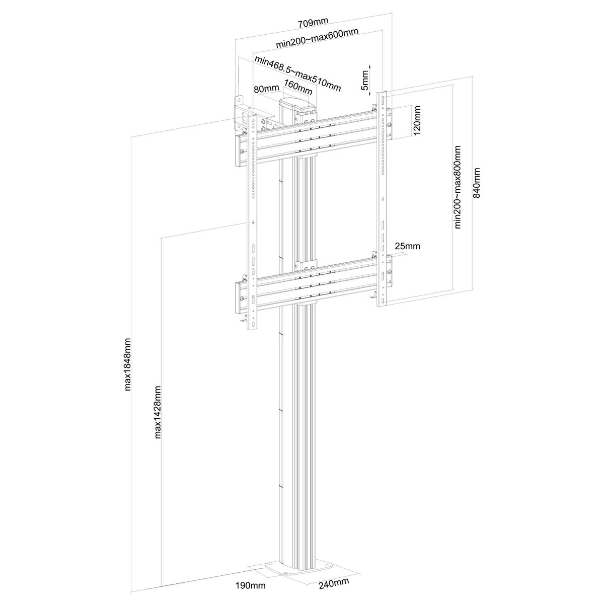Dibujo esquemático de un sistema de montaje de TV. Las dimensiones en milímetros están anotadas.