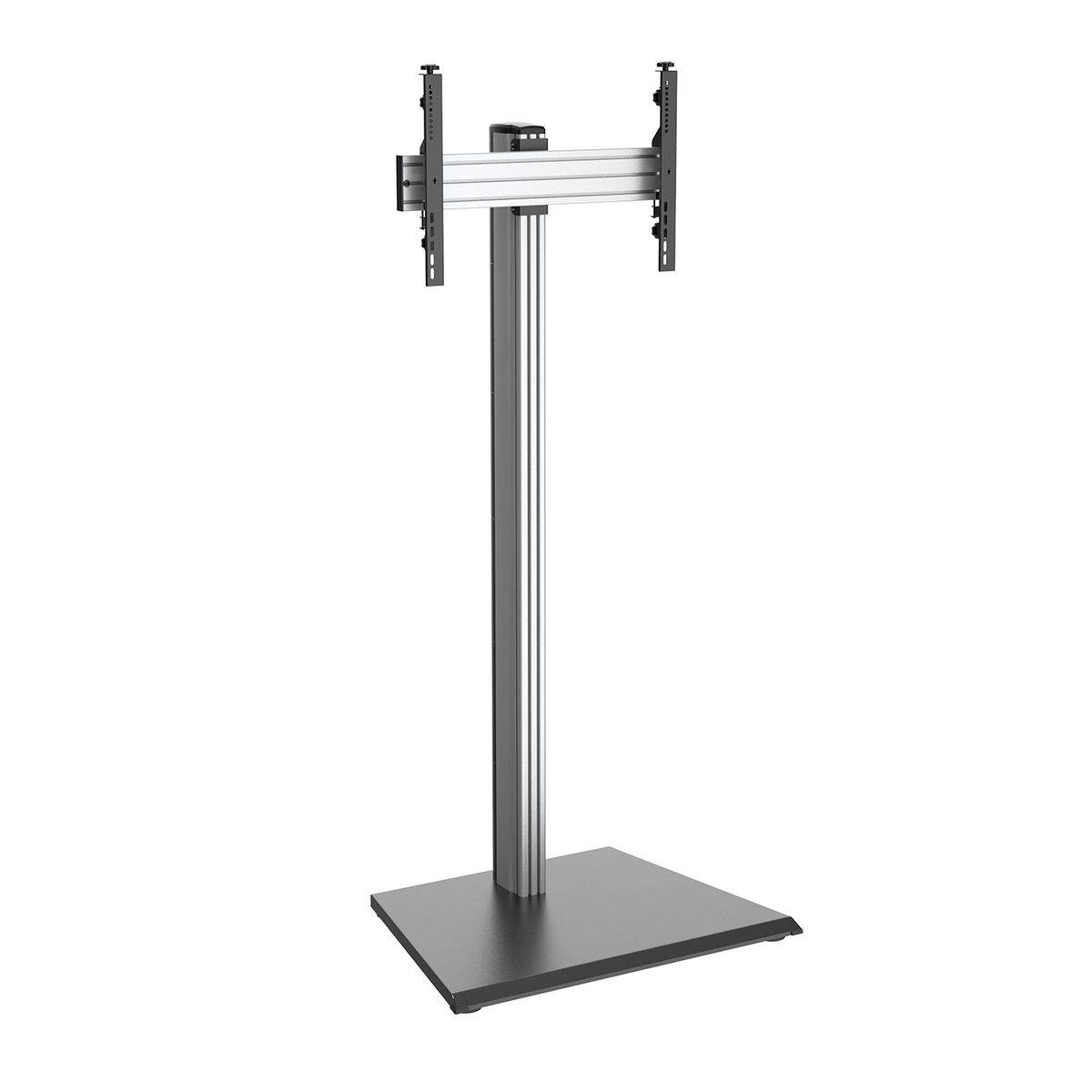 Een zilveren tv-standaard met een vierkante voet en een centrale paal. De standaard heeft een montagebeugel.
