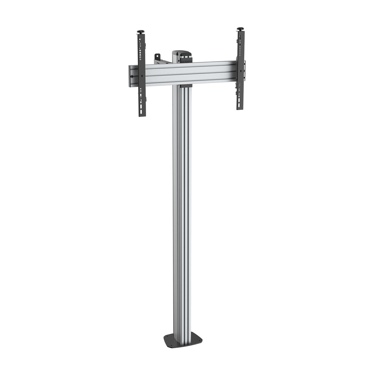 Un soporte para pantalla de TV con un poste de metal sobre una base negra y un soporte de TV.