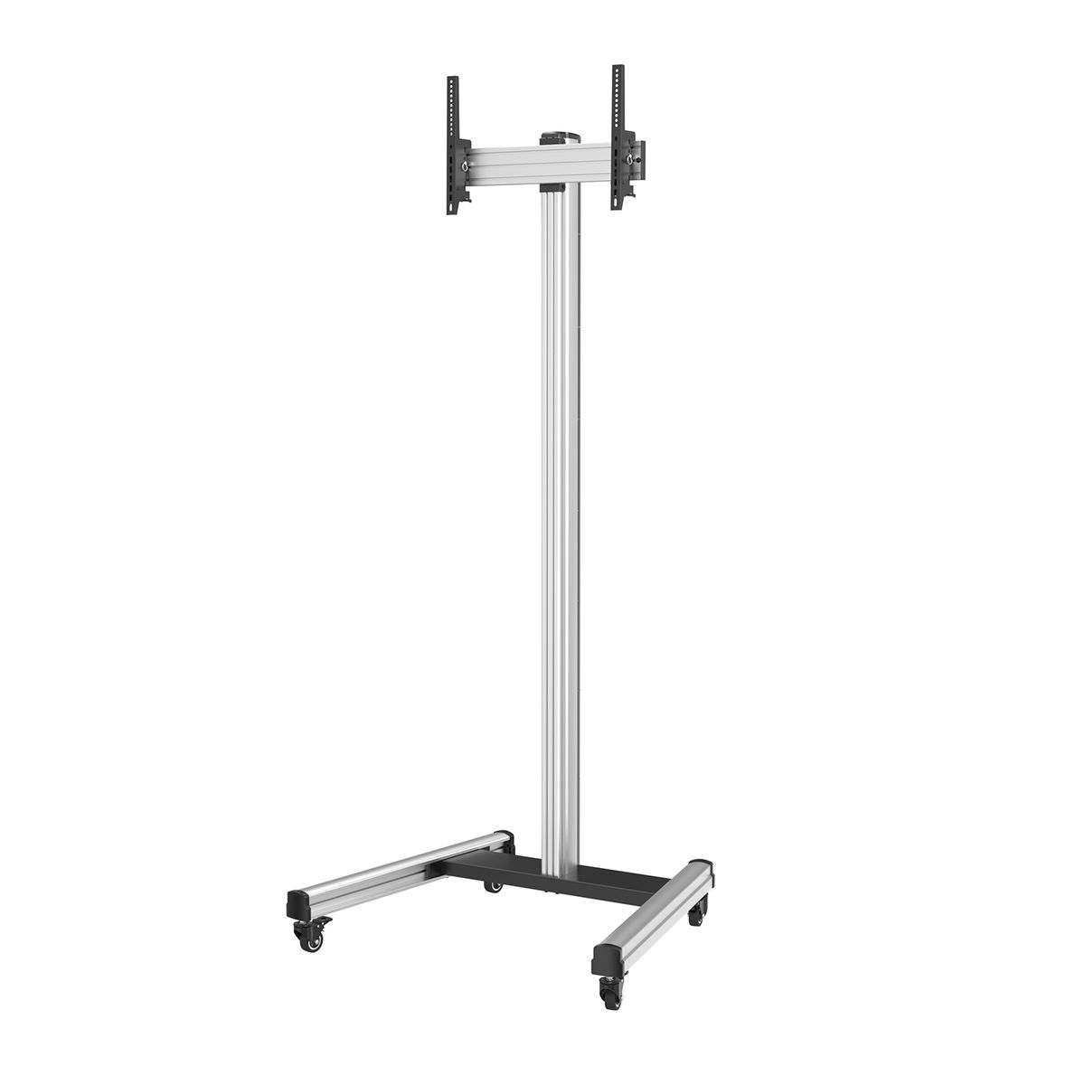 Zilveren, rollende tv-standaard. Heeft een centrale paal en een basis met wielen.