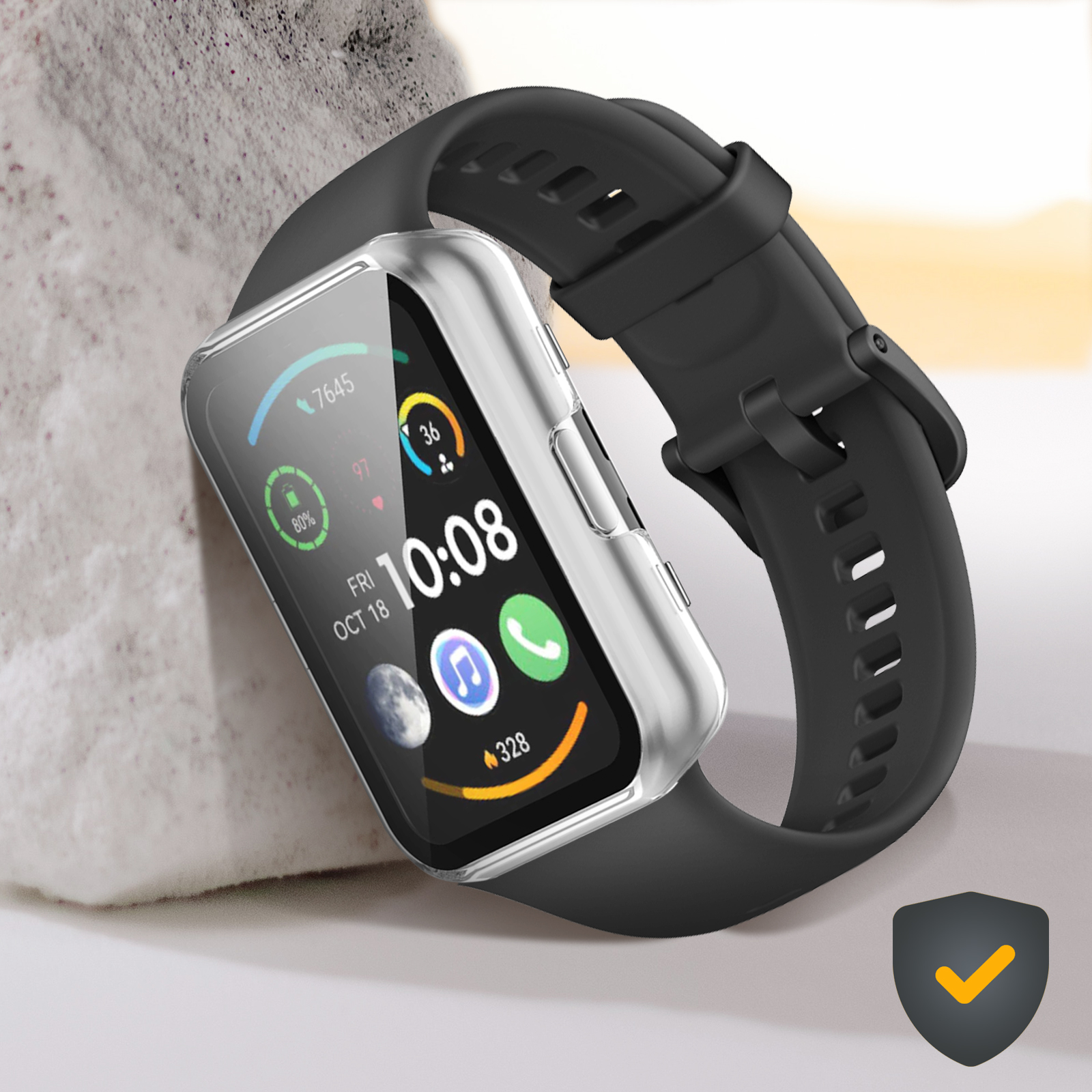 Eine silberne Smartwatch mit schwarzem Armband, die Datum und Uhrzeit anzeigt.