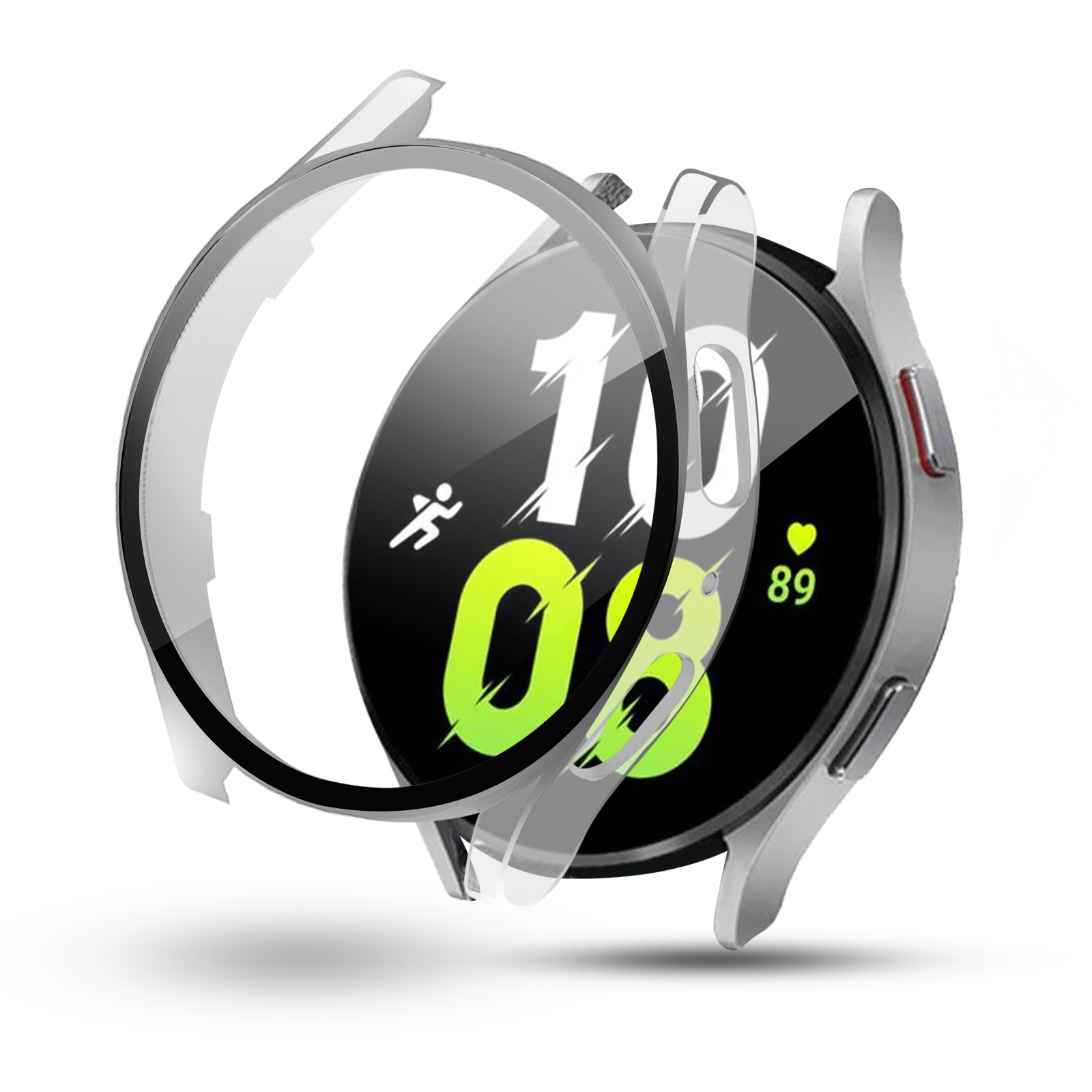 Eine silberne Smartwatch mit einer schützenden, transparenten Abdeckung, die das Display zeigt.
