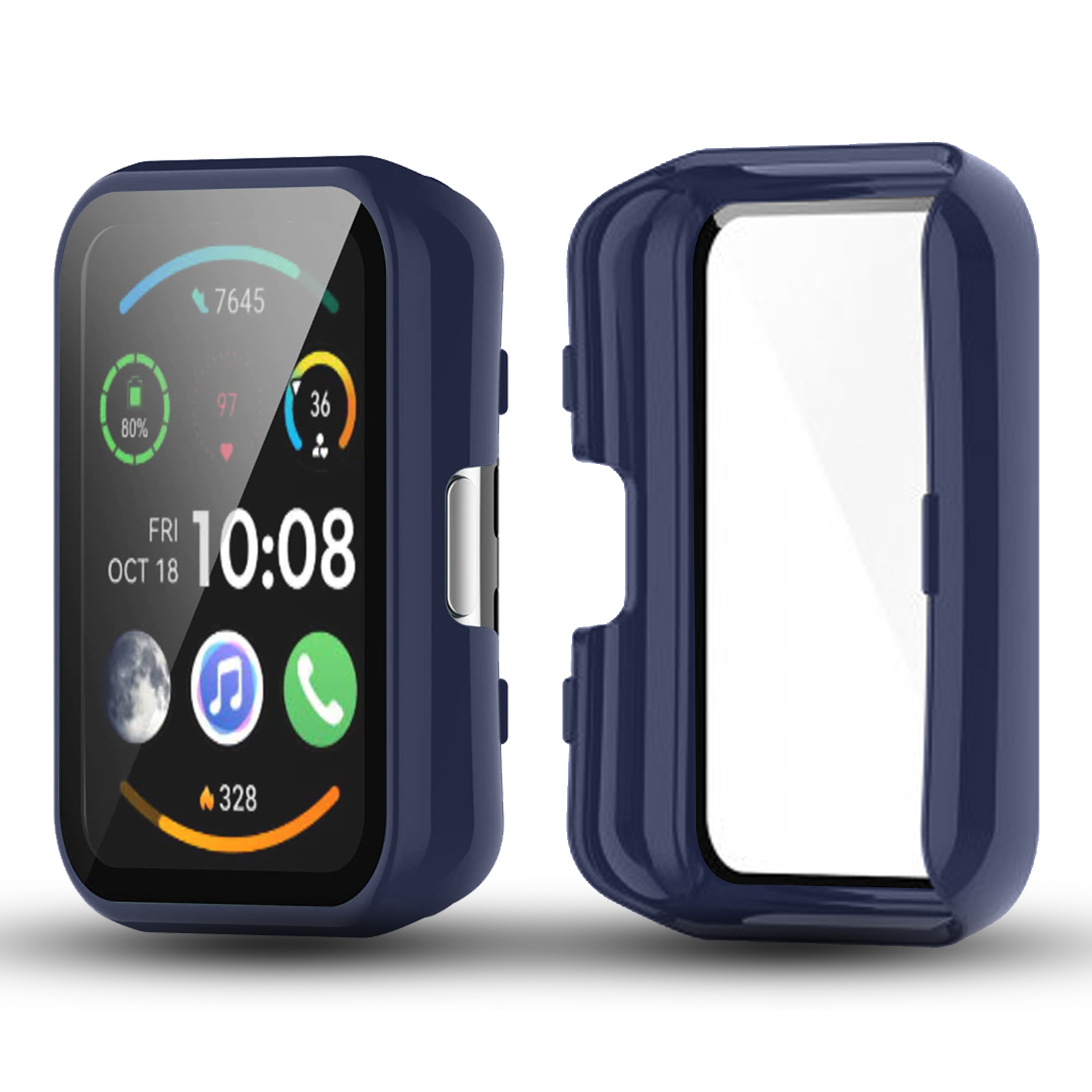 Zwei Uhrengehäuse, eines offen, zeigt eine Smartwatch mit dunkelblauem Gehäuse und Display. Weißer Hintergrund.