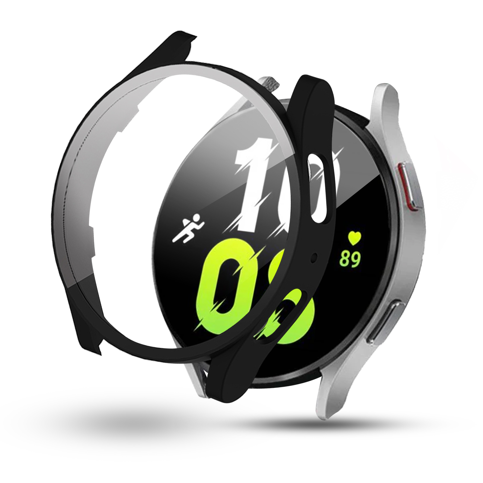 Eine Smartwatch mit Schutzhülle um den Bildschirm, die Metriken anzeigt.
