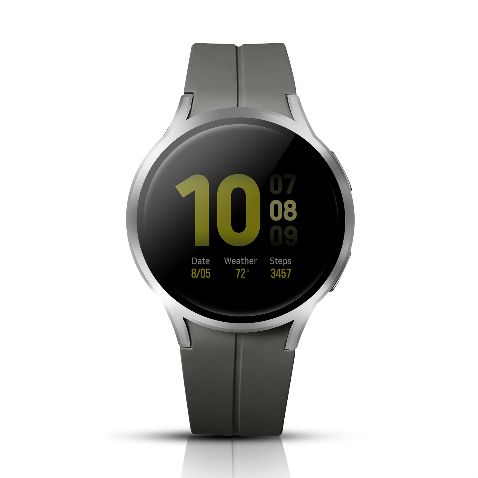 Silberne Smartwatch mit dunkelgrauem Armband, Datum, Wetter, Schritte.