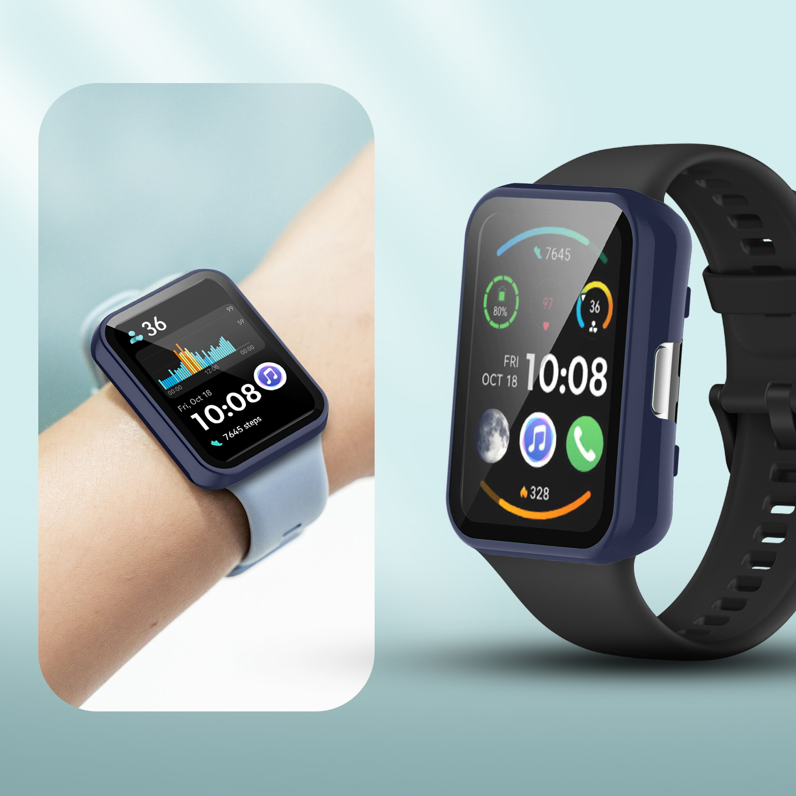 Zwei Smartwatches, eine am Handgelenk, beide zeigen Gesundheitsmetriken auf dem Bildschirm.