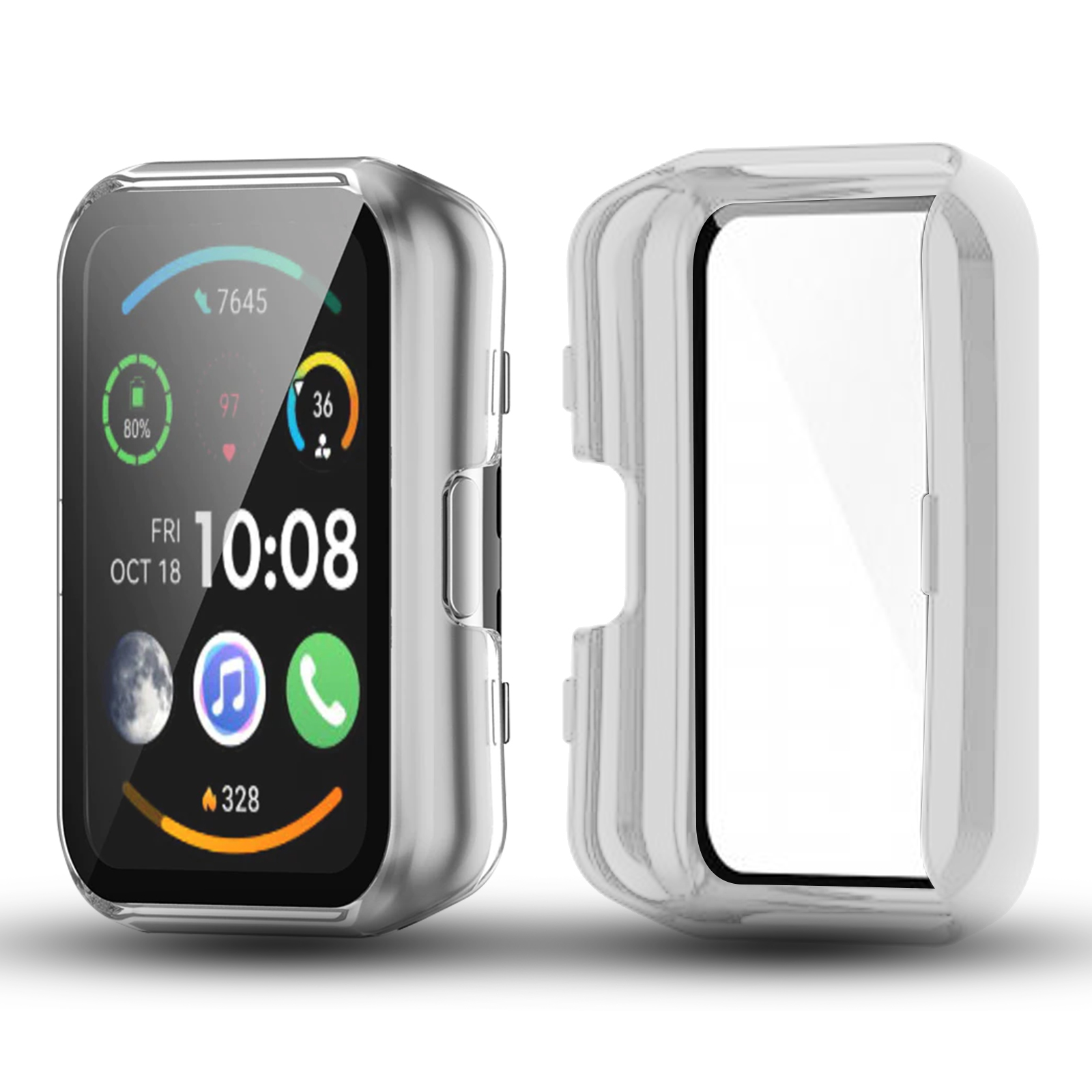 Smartwatch mit klarer Hülle. Bildschirm zeigt Zeit, Akku und Symbole. Hülle ist offen.