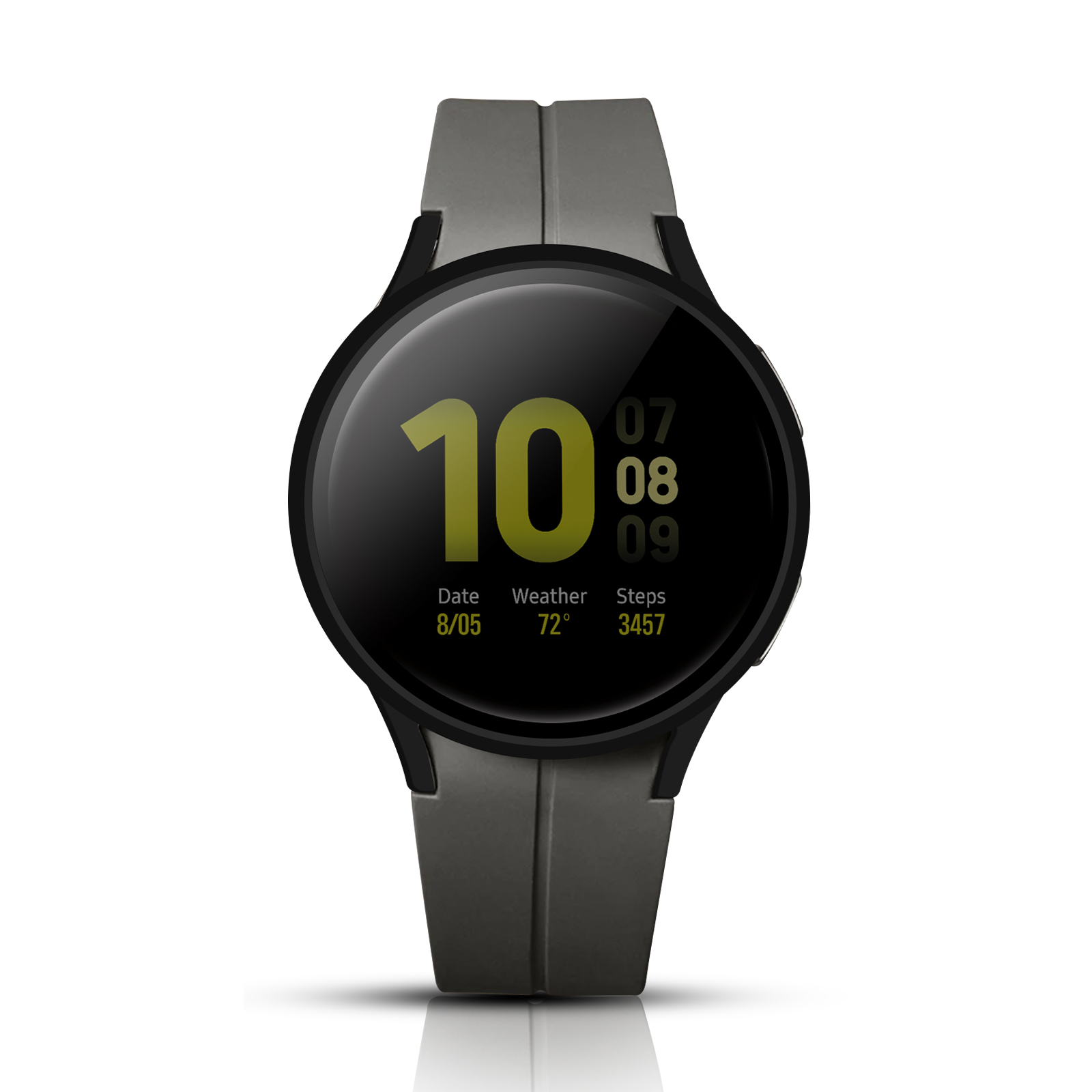Eine schwarze Smartwatch mit grauem Armband, die Datum, Uhrzeit, Wetter und Schritte anzeigt.