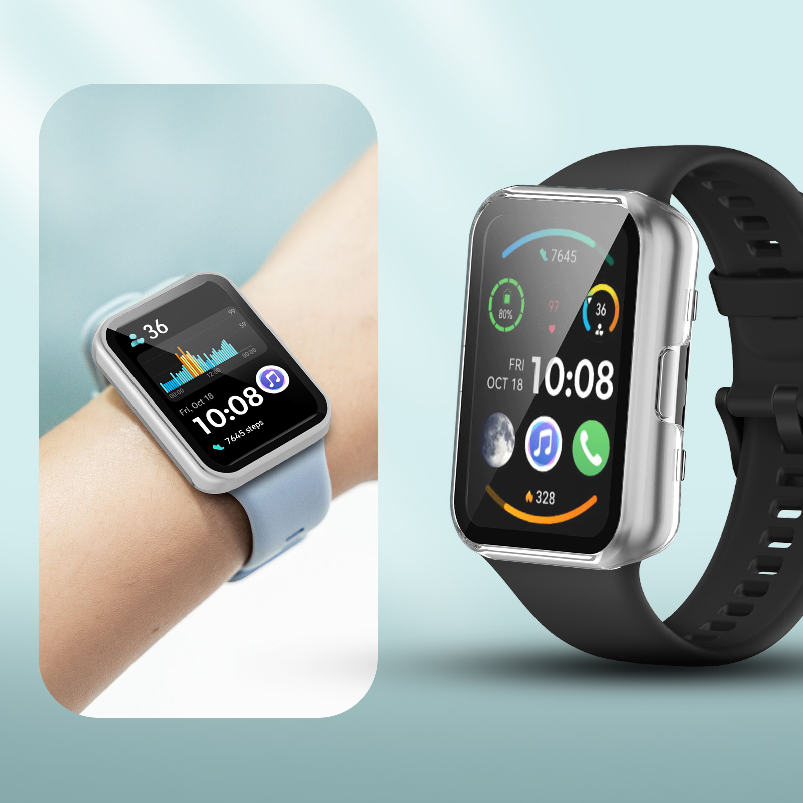 Smartwatch am Handgelenk mit Uhrzeit und Statistiken, eine schwarze Smartwatch sichtbar.