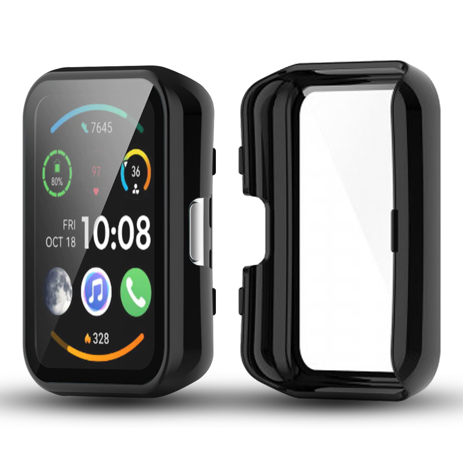 Schwarze Smartwatch mit schwarzem Gehäuse. Der Bildschirm zeigt verschiedene Daten.
