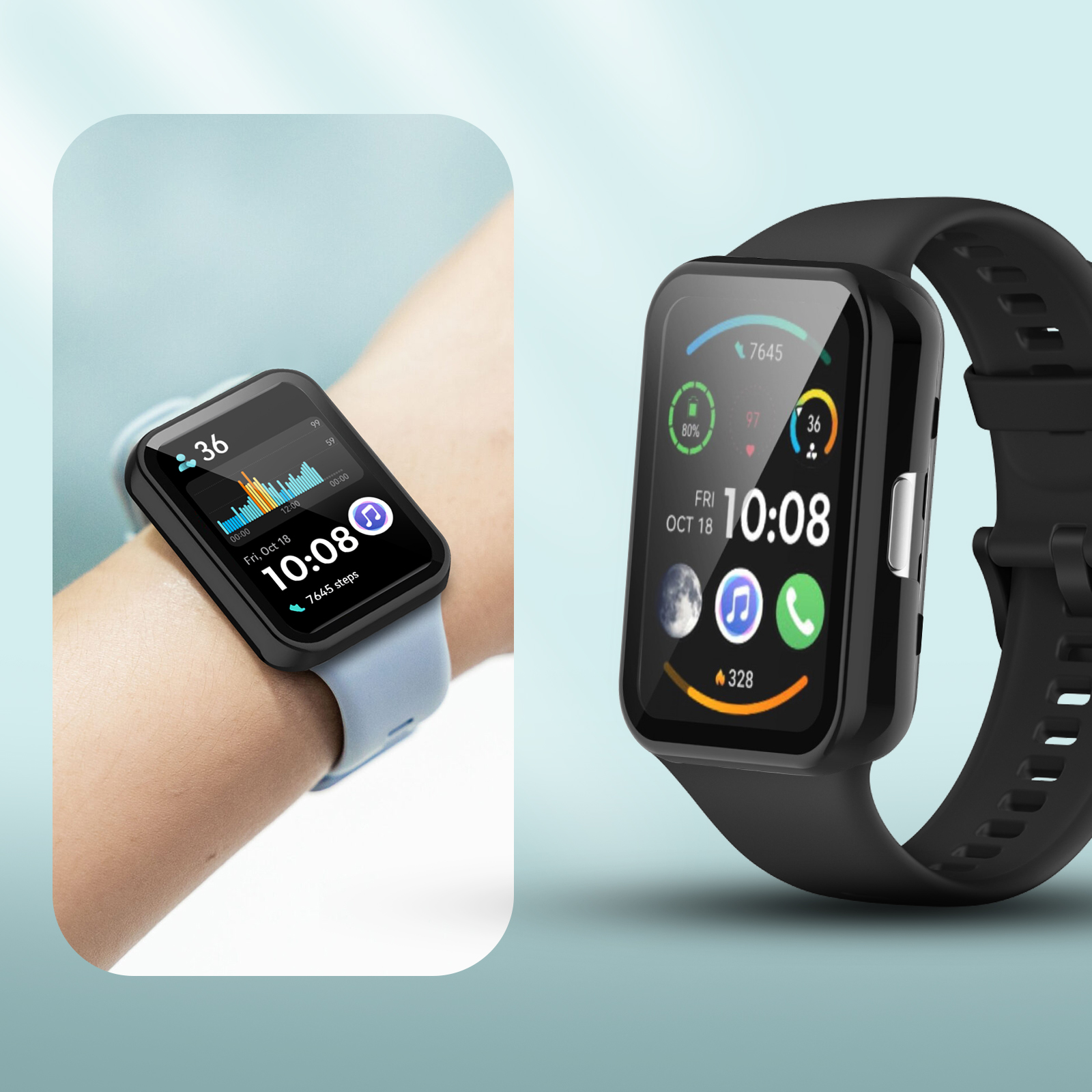 Eine Smartwatch am Handgelenk, die Zeit und Statistiken anzeigt. Eine andere Smartwatch mit schwarzem Band.