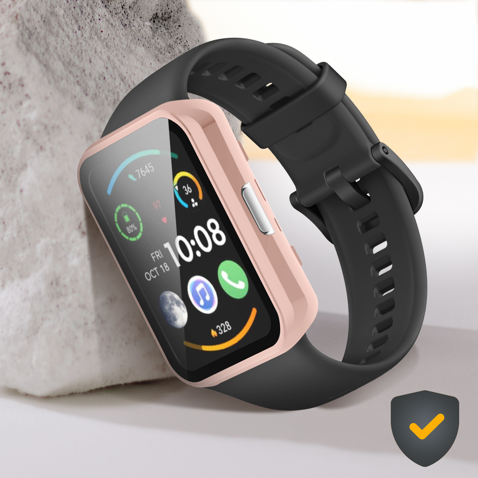 Eine Smartwatch mit rosa Rahmen und schwarzem Armband. Der Bildschirm zeigt Daten an und ein Häkchen ist auf dem Bildschirm.