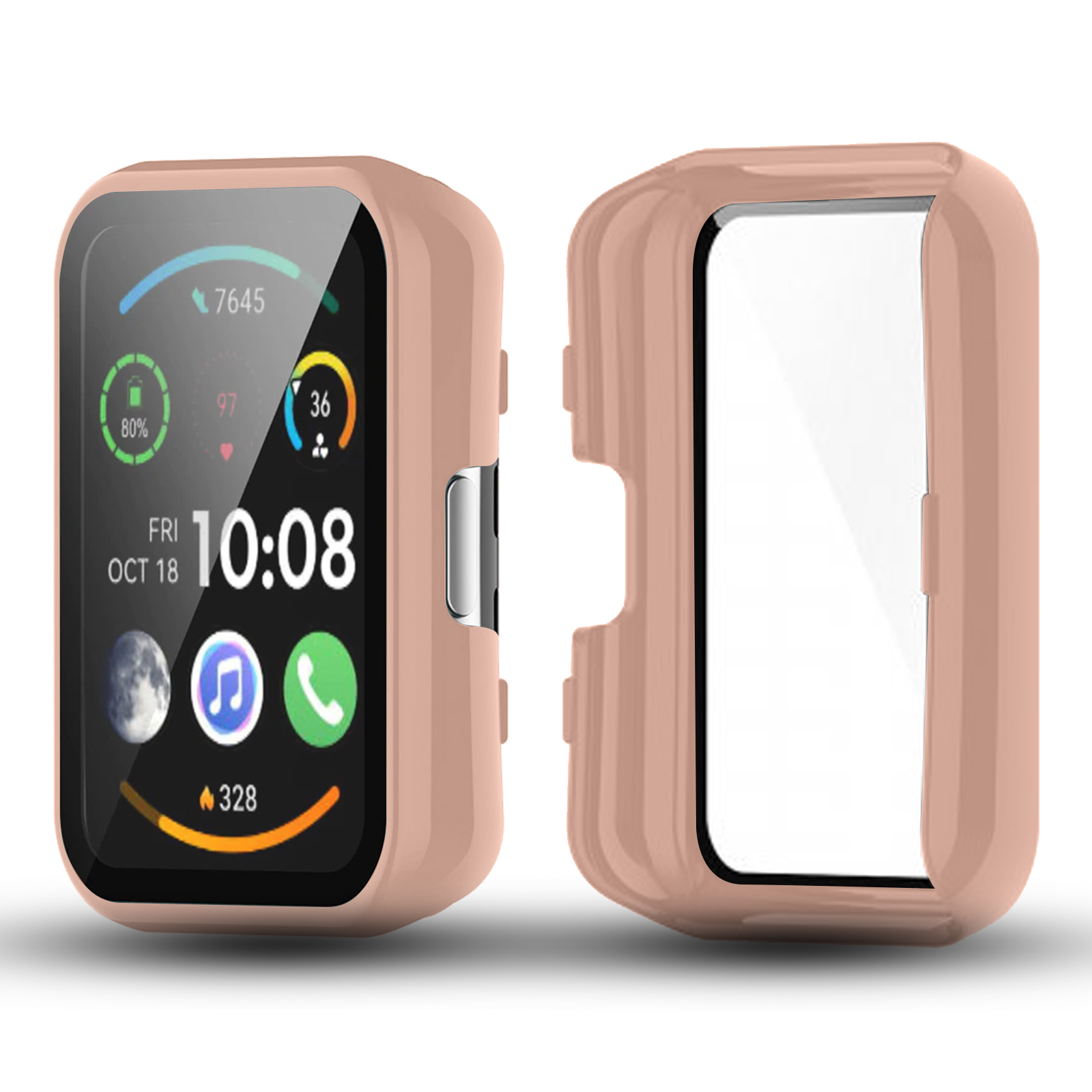 Eine Smartwatch mit rosafarbenem Gehäuse. Das Zifferblatt zeigt Zeit und andere Metriken an.