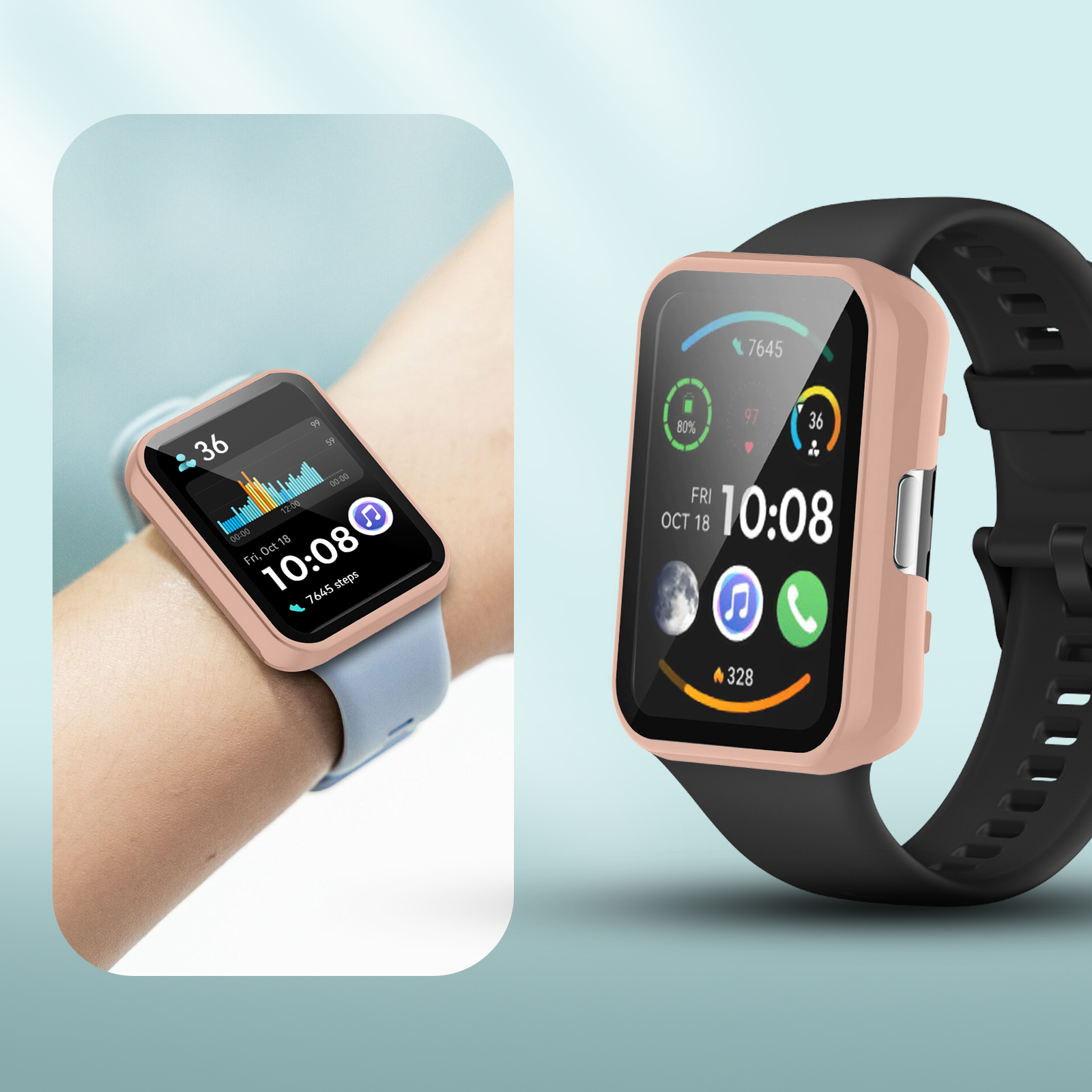 Zwei Bilder einer Smartwatch mit pinkfarbenem Gehäuse am Handgelenk und schwarzem Armband.