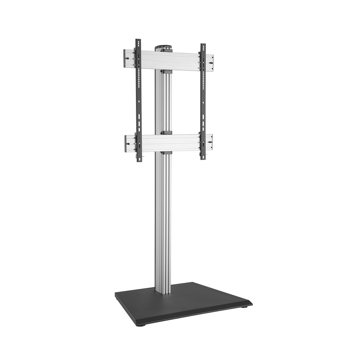 Soporte de TV, poste plateado con base negra, el soporte de montaje está listo para un televisor.