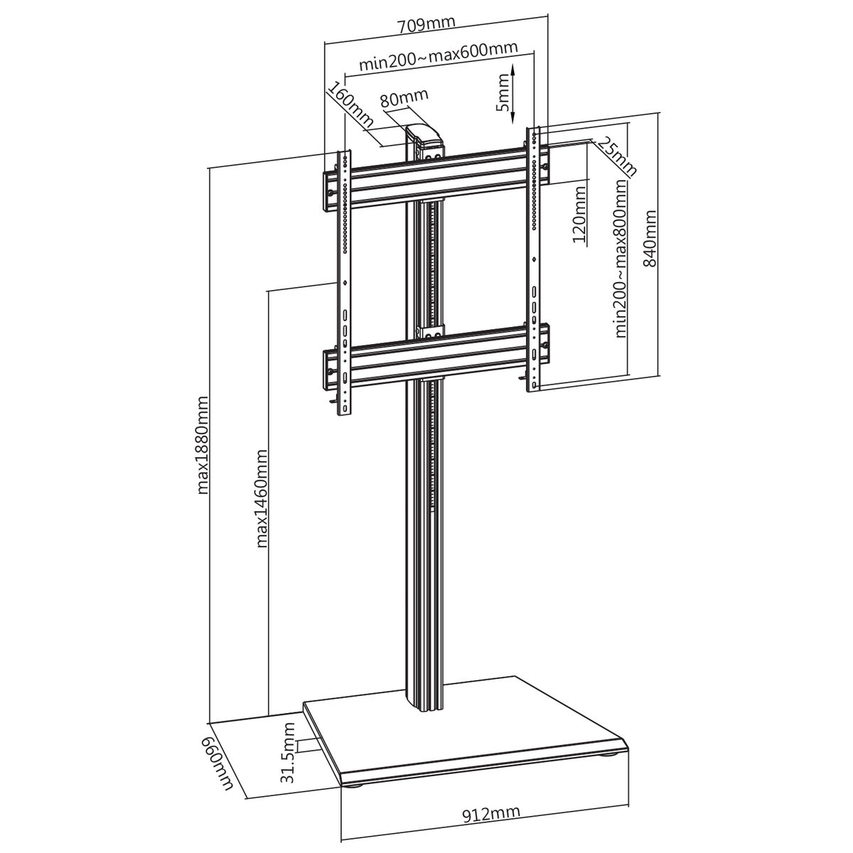 Diagrama de un soporte de TV con dimensiones en mm.