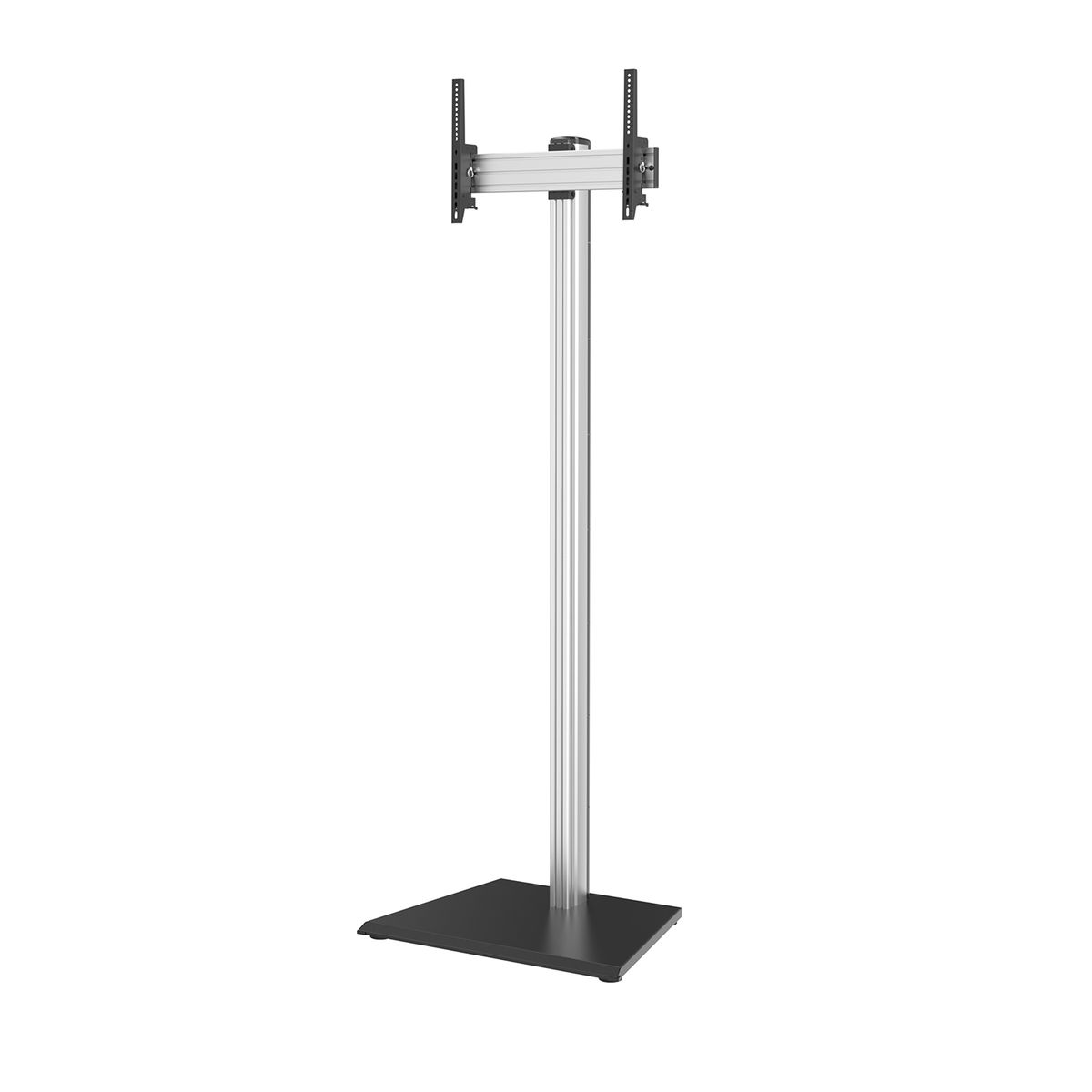 Een zwarte en zilveren tv-standaard met een voet, een centrale paal en een beugel voor een tv-bevestiging.