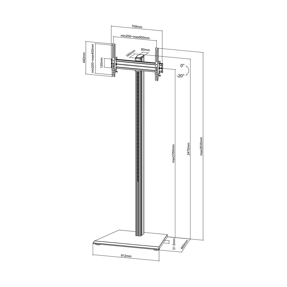 Diagram van een tv-standaard met afmetingen in millimeters. Witte achtergrond.