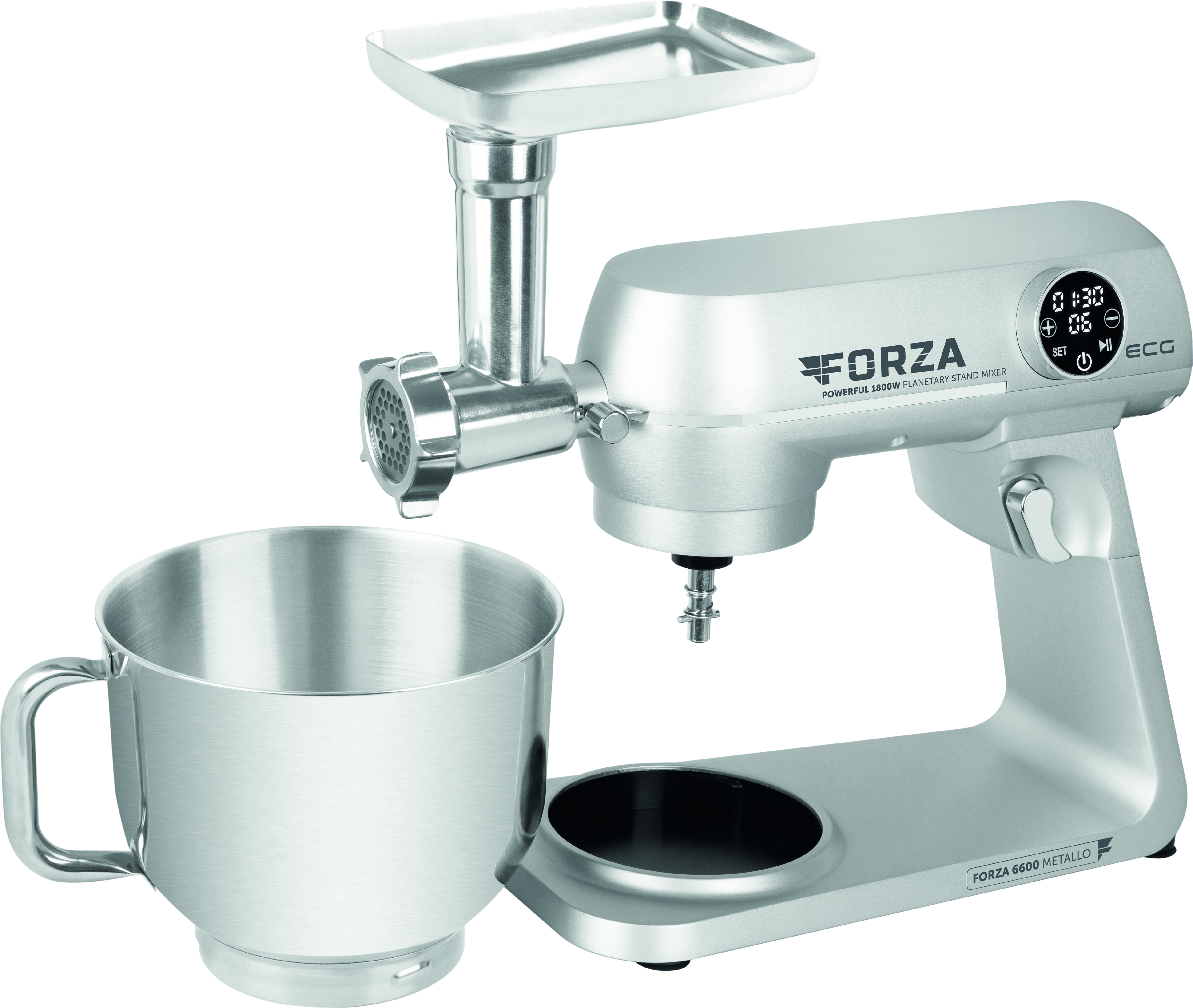 Un elettrodomestico da cucina argento e nero con mixer e tritacarne.