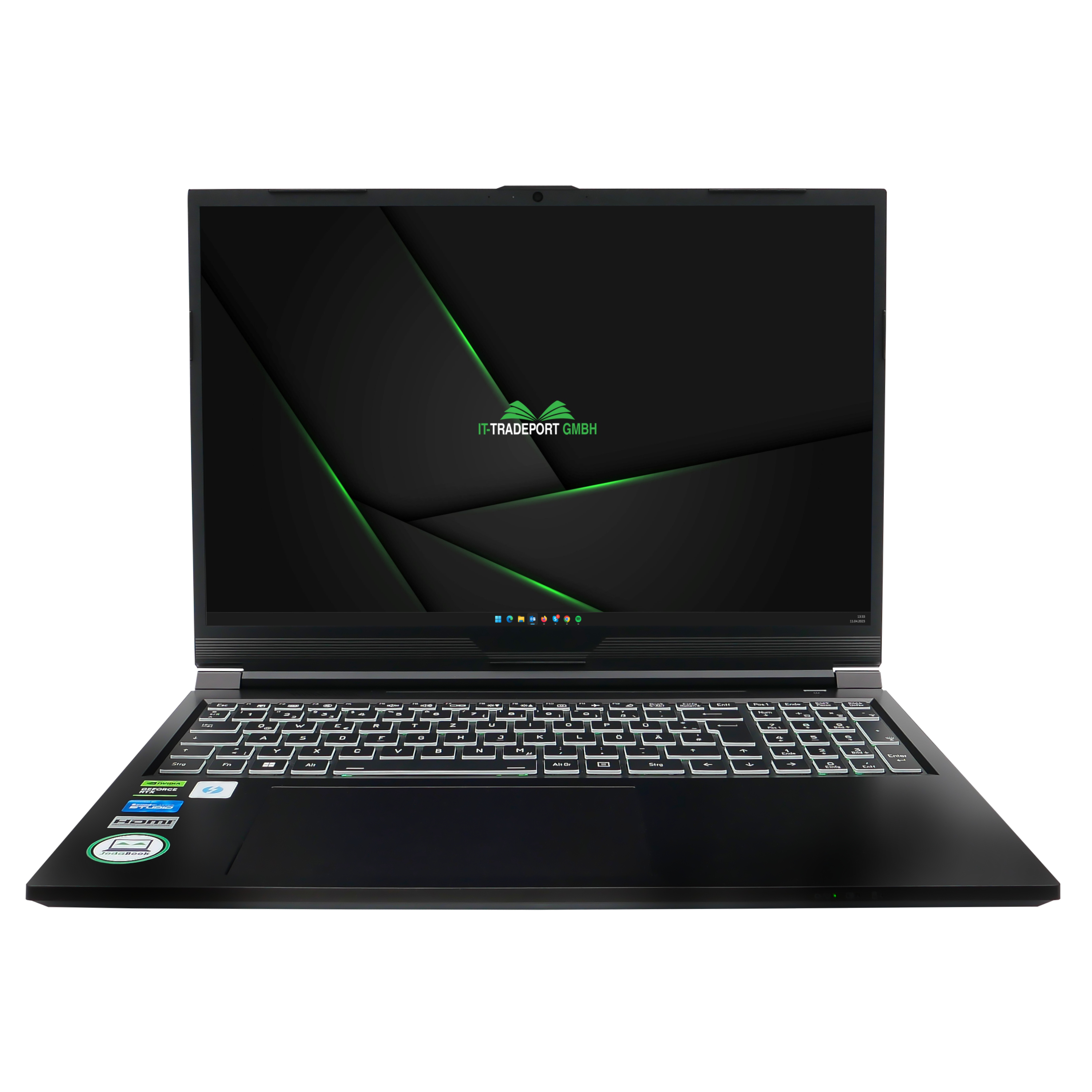 Schwarzer Laptop mit grünen Akzenten. Er ist geöffnet und zeigt Tastatur und Bildschirm.