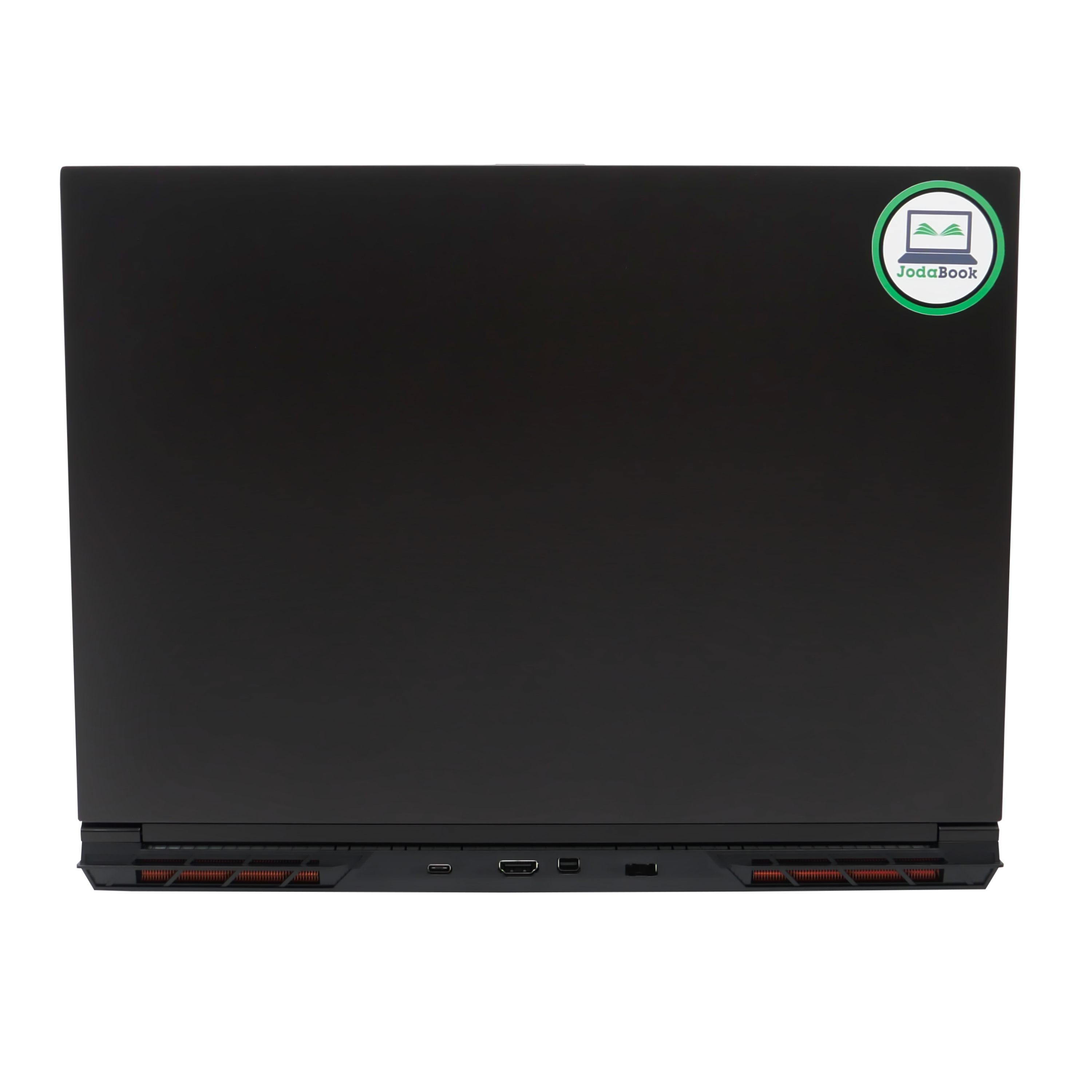 Schwarzer Laptop mit Aufkleber oben. Unterseite hat Anschlüsse.