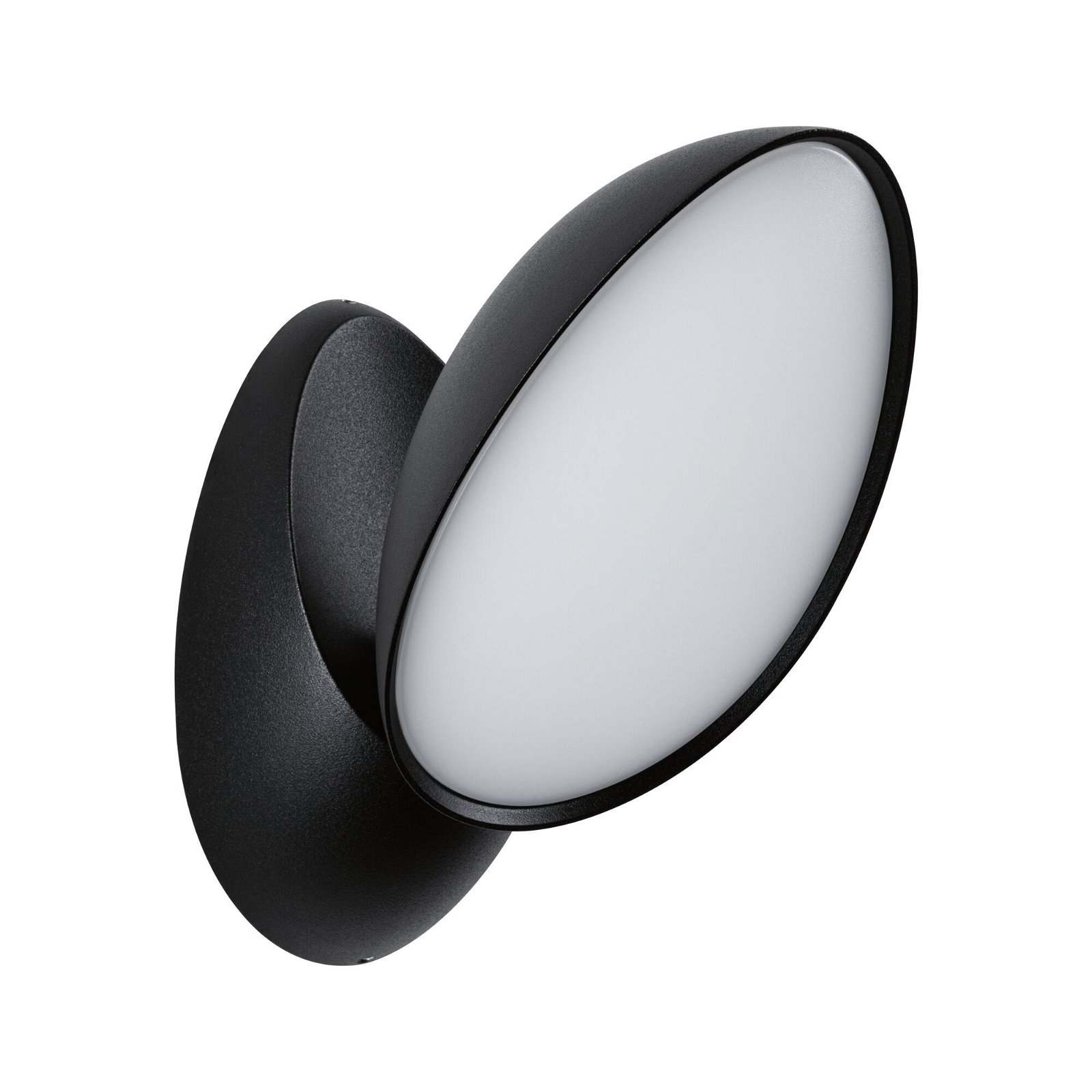 Czarna, owalna lampa ścienna zewnętrzna, białe światło.