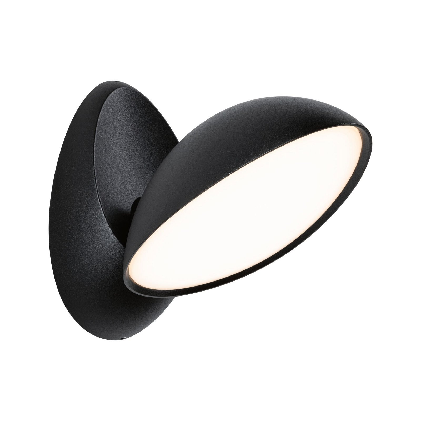 Czarny, nowoczesny kinkiet. Światło jest skierowane pod kątem i emituje białą poświatę.