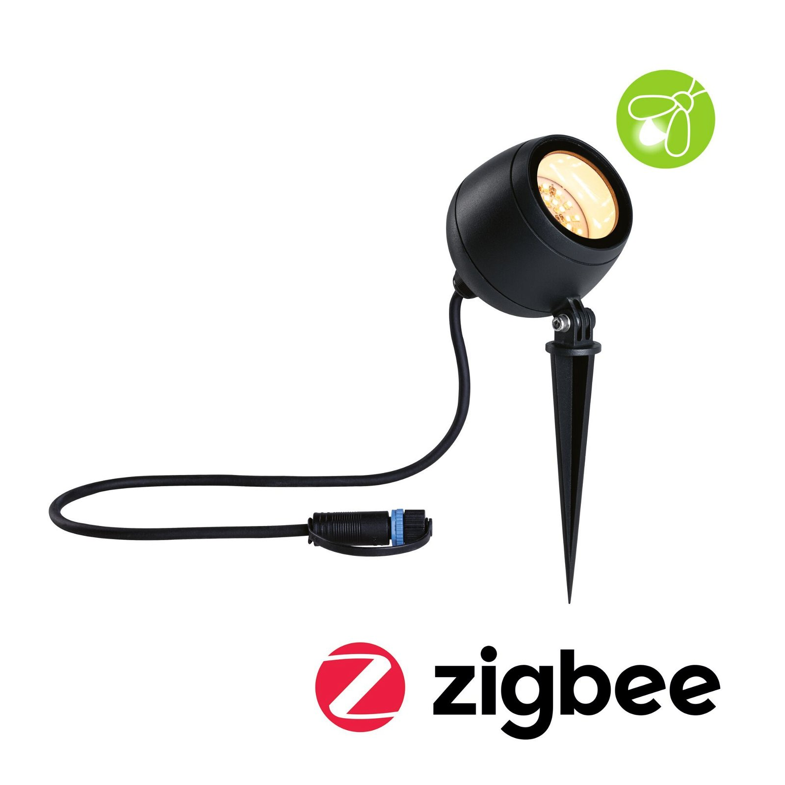 Schwarzer Außenstrahler mit Spieß und Kabel. Zigbee-Logo ist sichtbar.