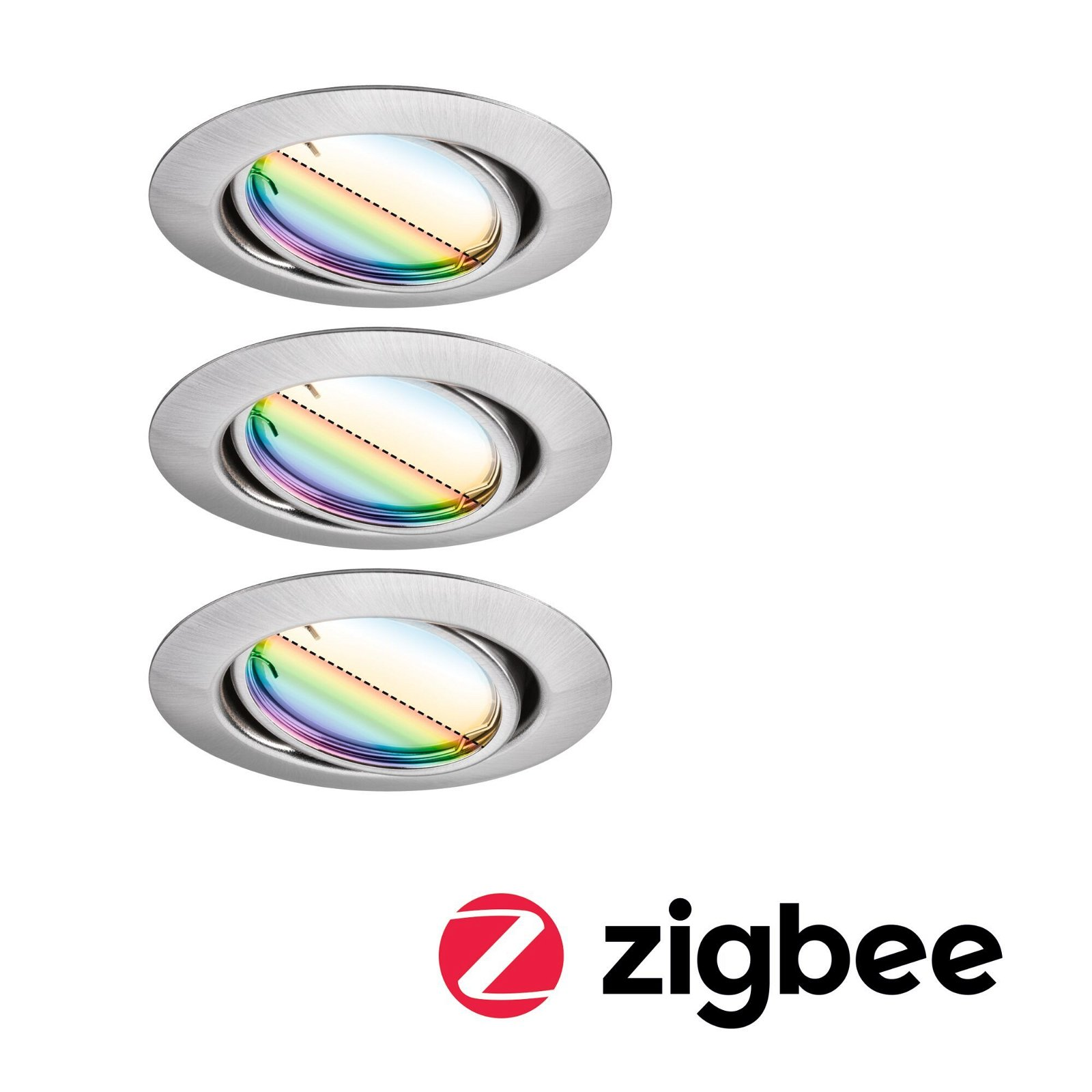 Trzy oprawy wpuszczane ze srebrną obwódką. Każda ma owalny, tęczowy środek i logo Zigbee.