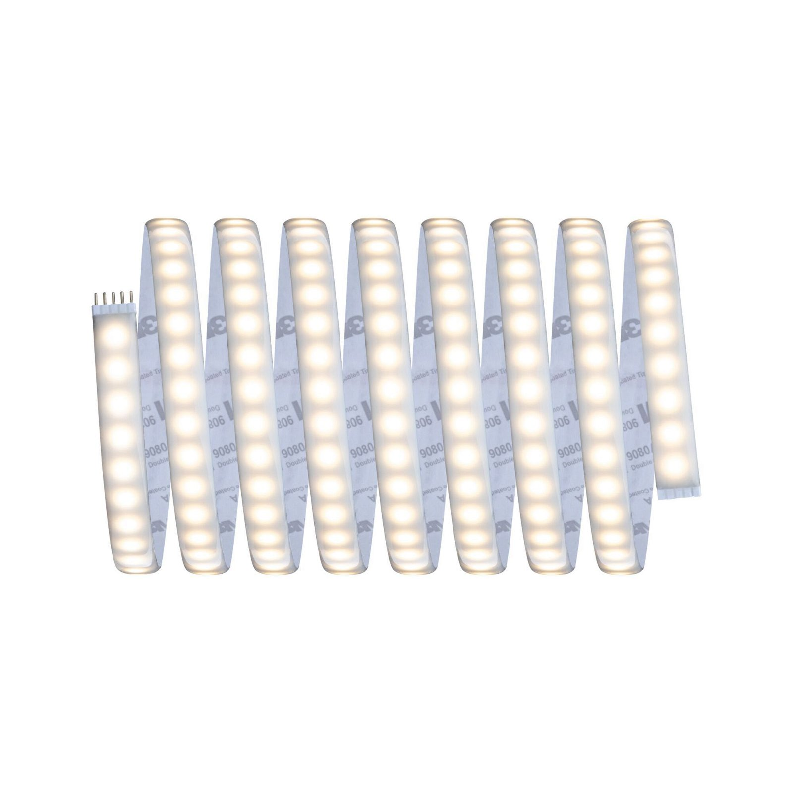 Zwinięty pasek jasnych, białych świateł LED, gotowy do instalacji lub użytkowania.