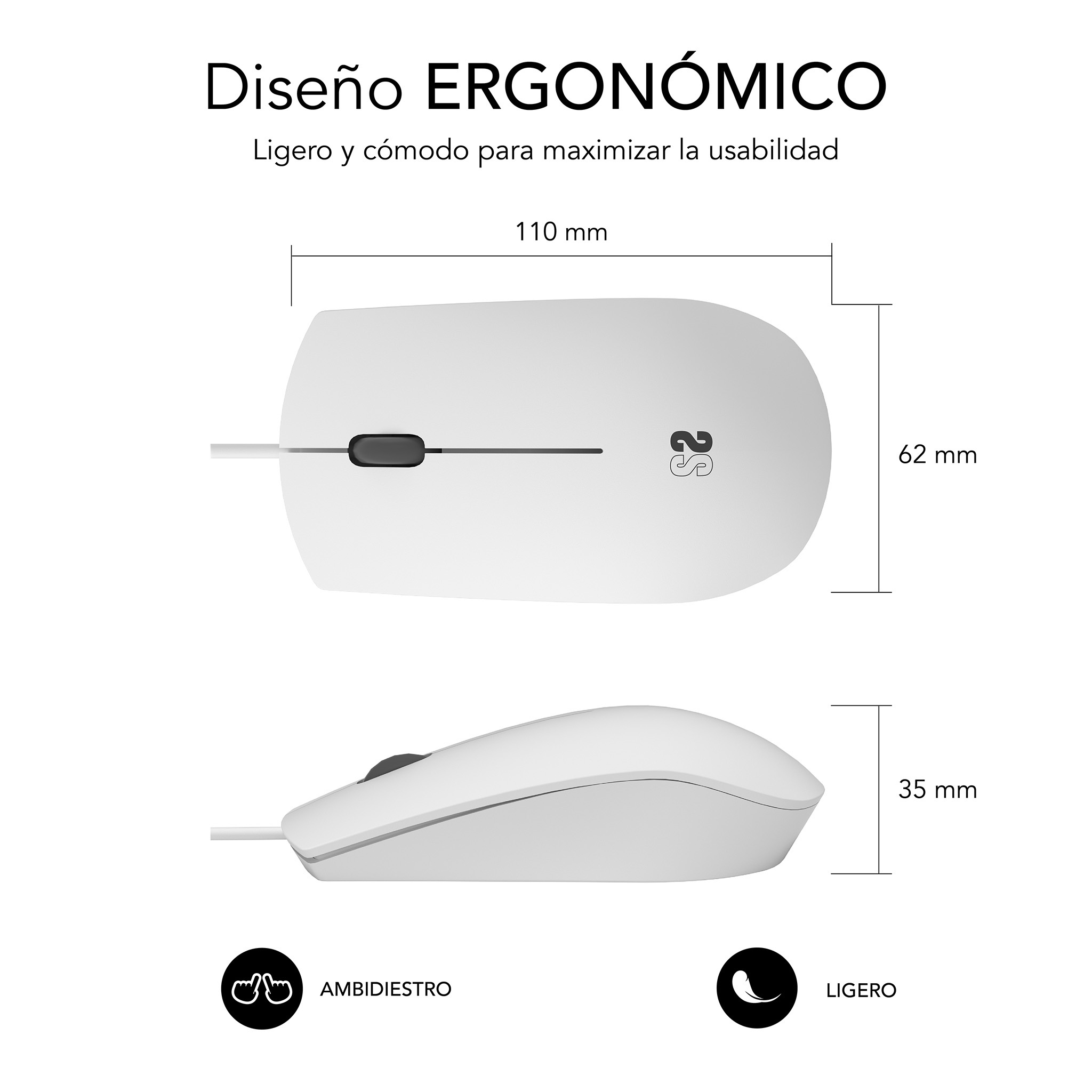 White computer mouse with dimensions shown. Top and side views. White background.