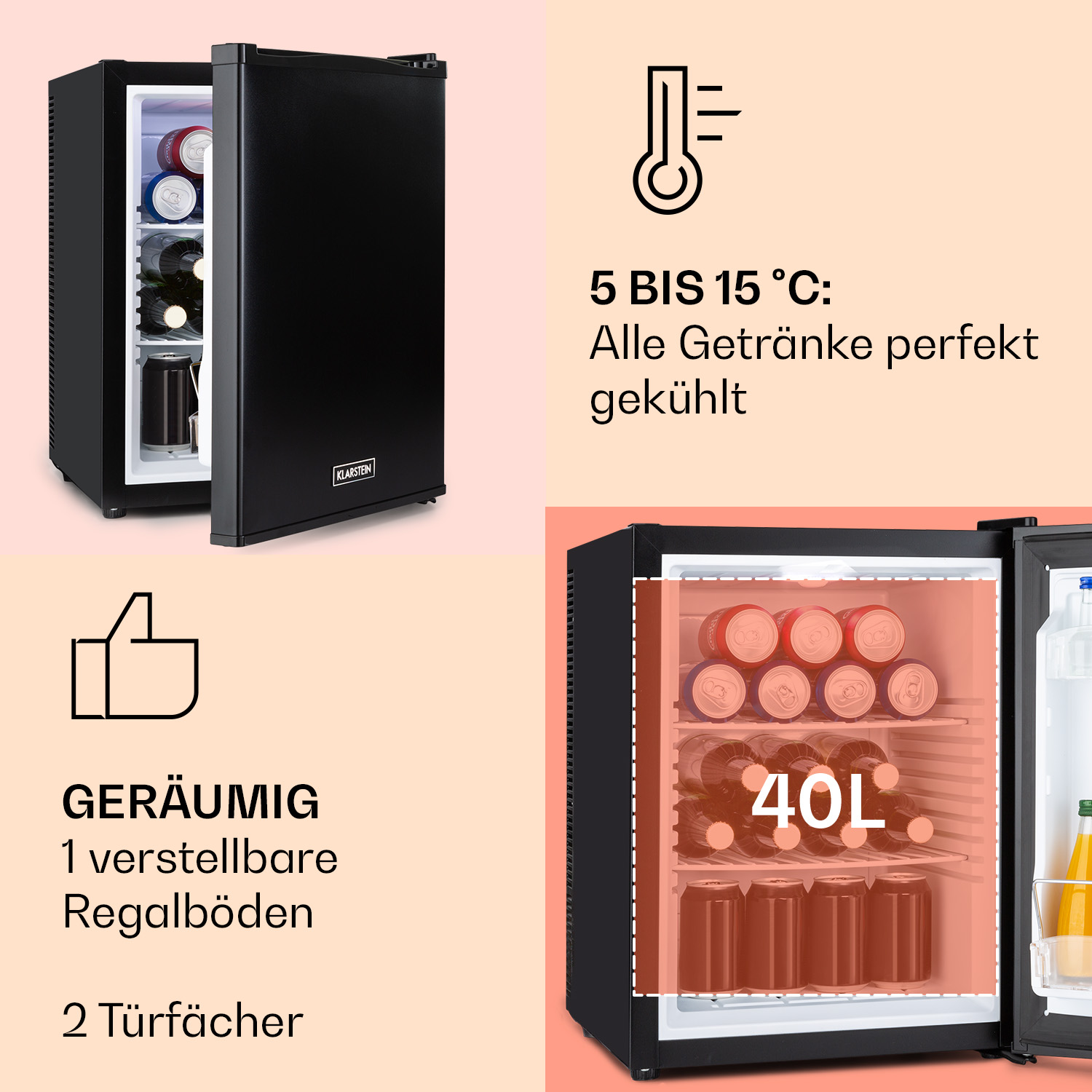 37 Mini-Kühlschrank (G, Hour Schwarz) Happy cm KLARSTEIN hoch, 53,5
