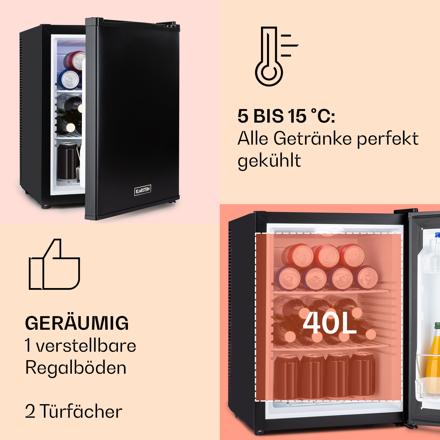 Mini frigo nero con porta aperta. All'interno ci sono bevande. Testo sul frigorifero e le sue caratteristiche.