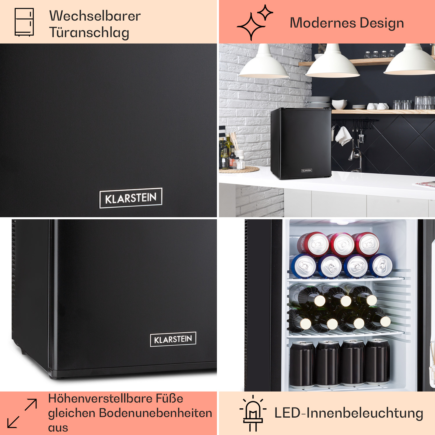 Un mini frigo nero con lattine e bottiglie all'interno. È dotato di piedini regolabili e illuminazione a LED.
