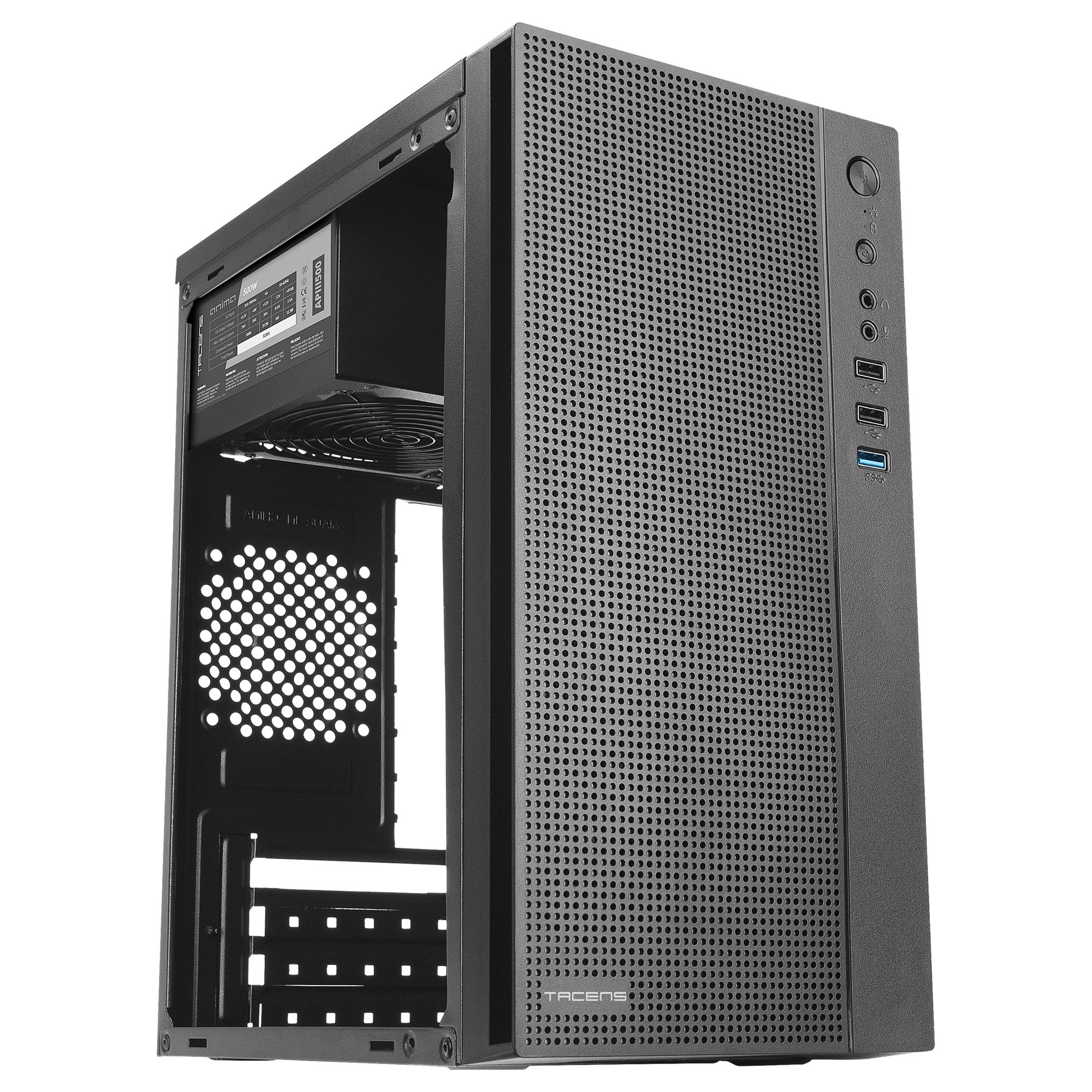 Case nero per computer con pannello frontale perforato, pannello laterale aperto. Alimentatore visibile.