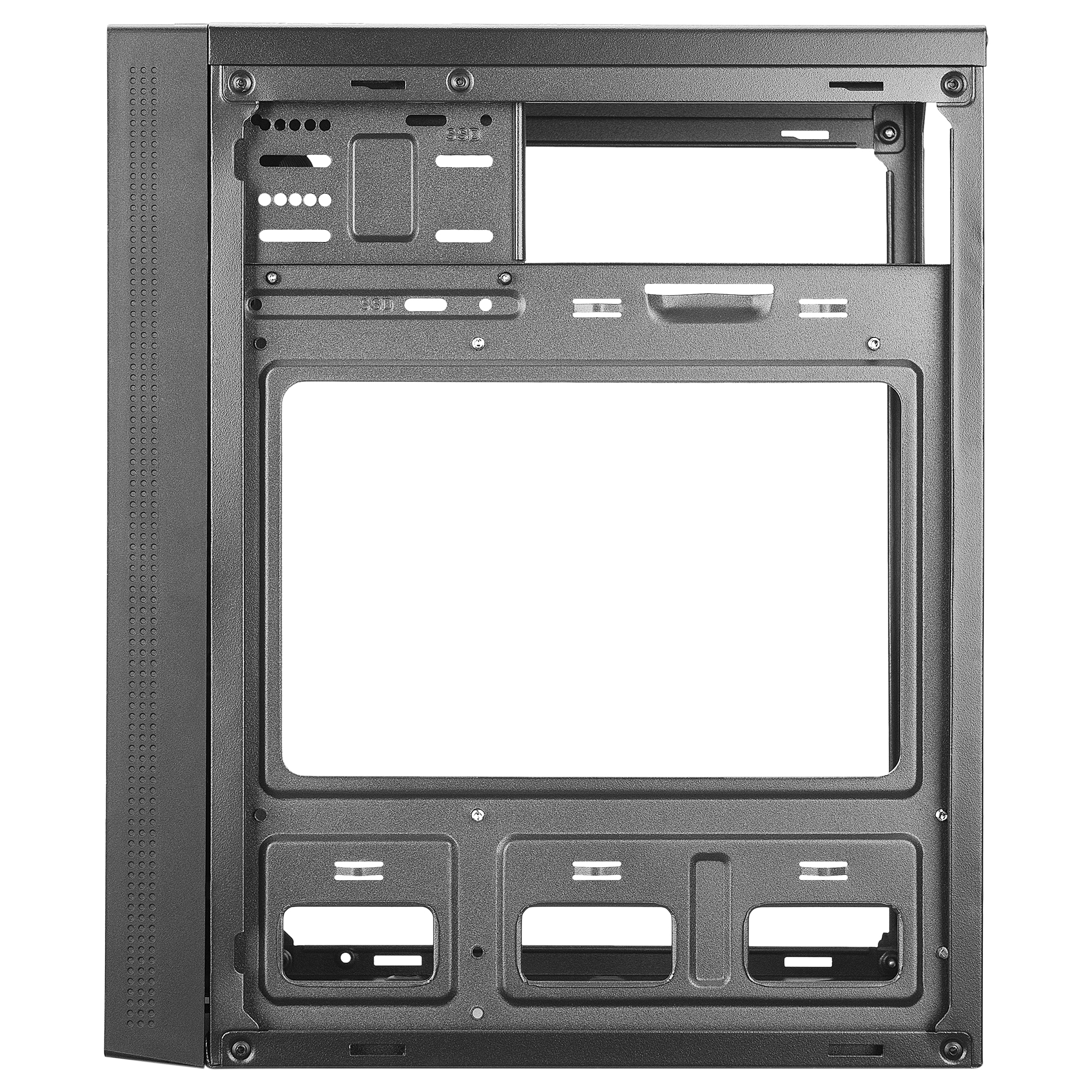 Interno di un case per computer nero che mostra il telaio e i punti di montaggio.