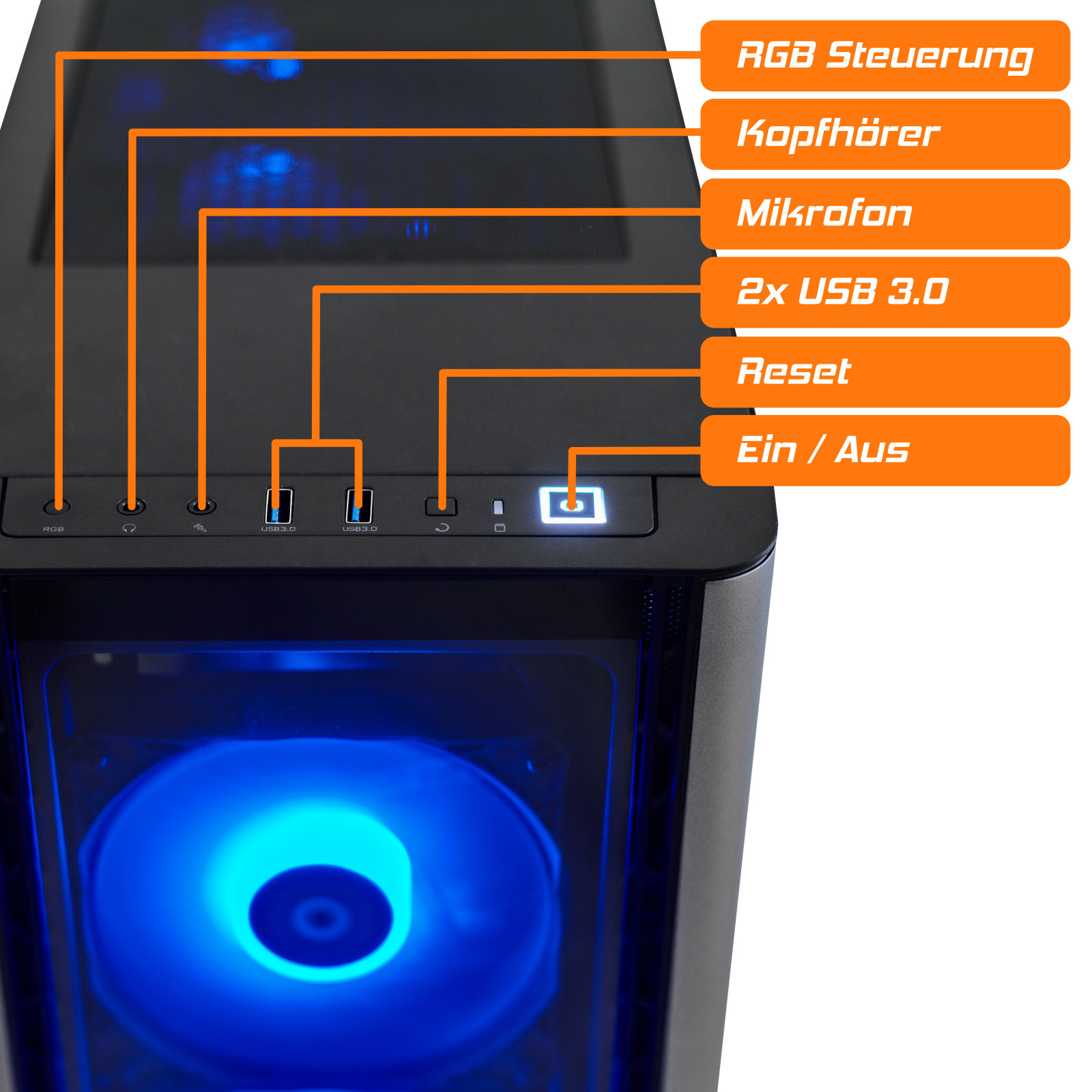 Nahaufnahme eines Computergehäuses. Zeigt Tasten und Anschlüsse: RGB, Kopfhörer, USB und Power-Taste.