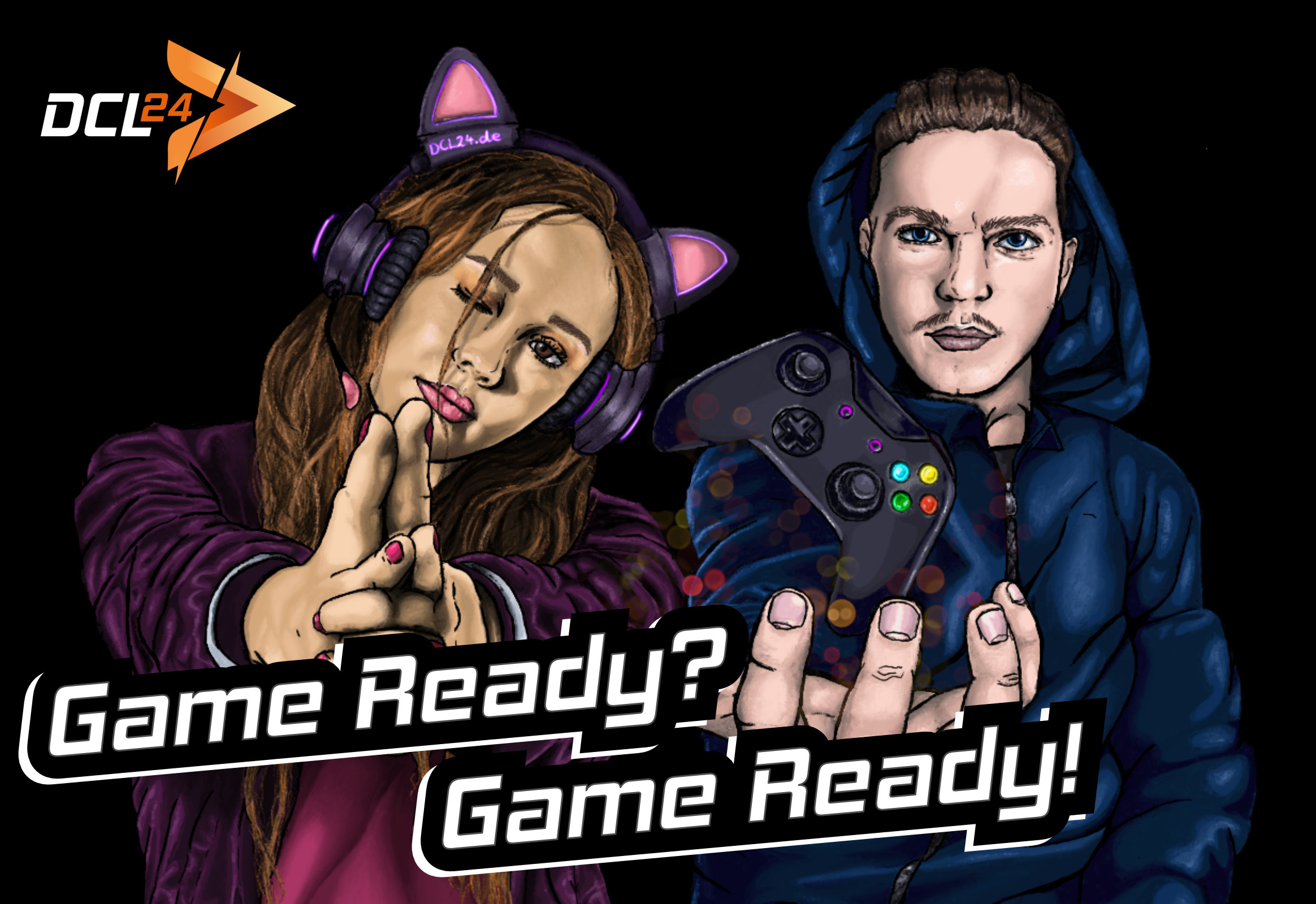 Zwei Zeichentrickfiguren halten Händchen mit einem Gamecontroller, Text vor schwarzem Hintergrund.