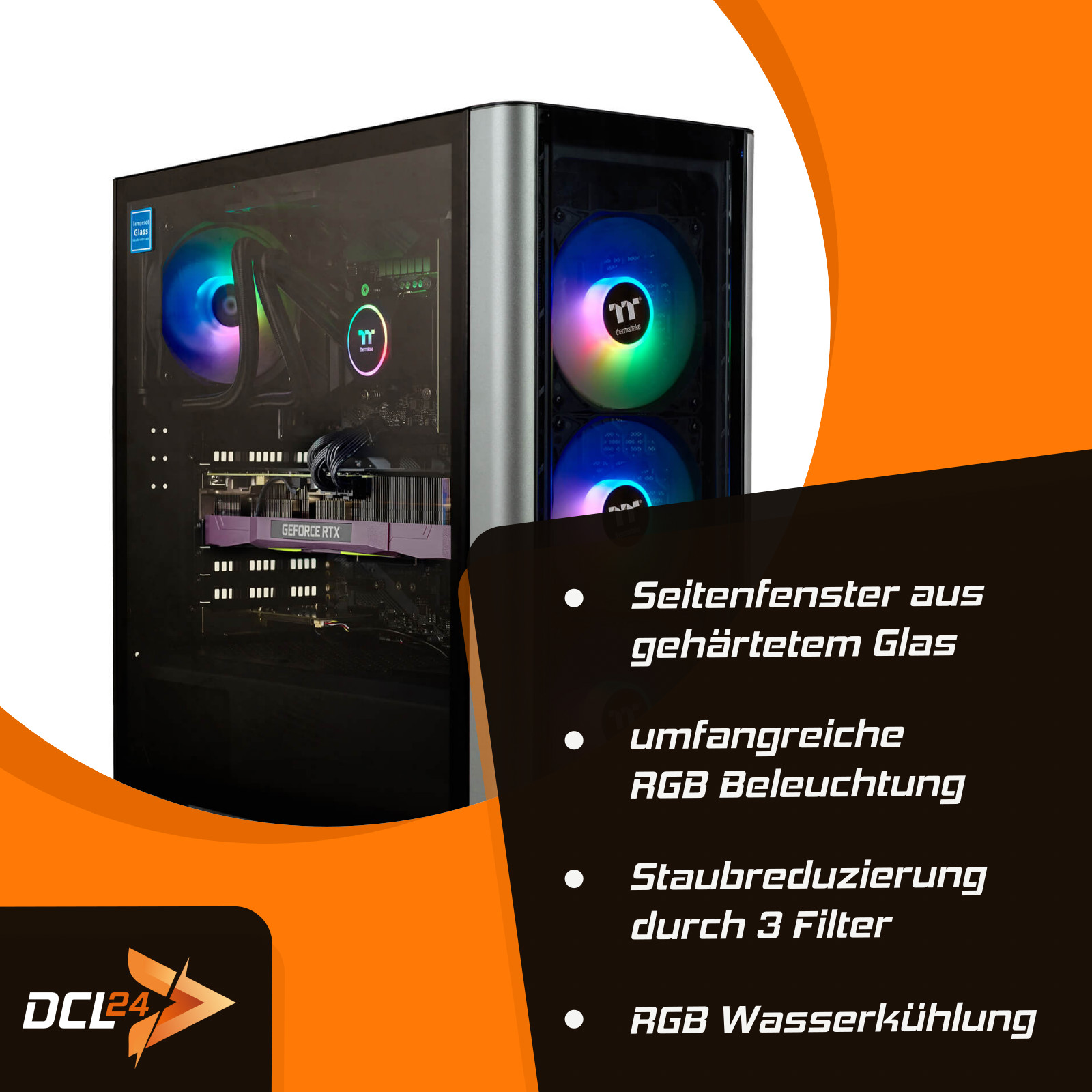 Ein schwarzes Computergehäuse mit RGB-Lüftern und einer Glas-Seitenwand. Text auf der Seite erwähnt Merkmale.