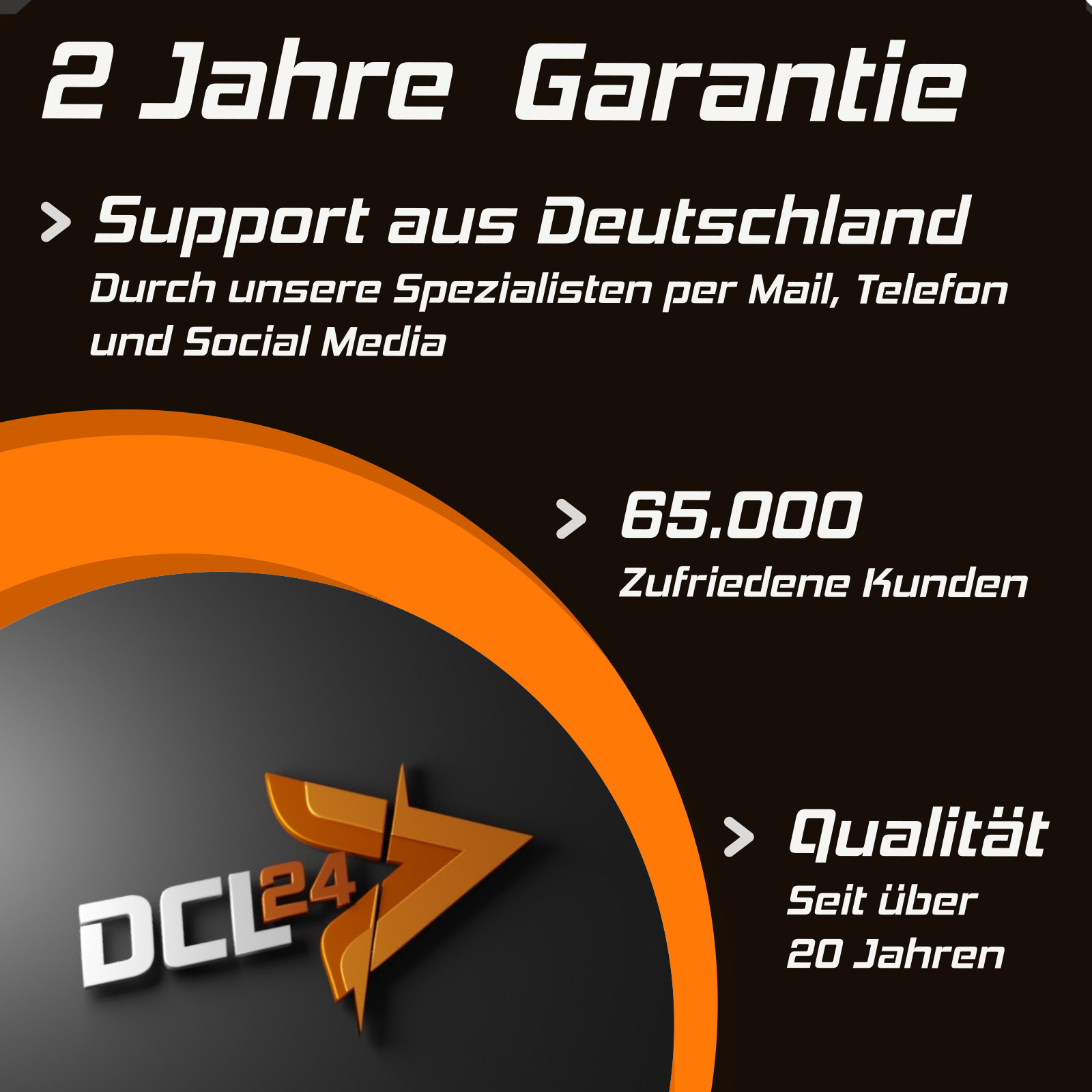 Text: 2 Jahre Garantie, Support aus Deutschland, 65.000 zufriedene Kunden, Qualität seit 20 Jahren.