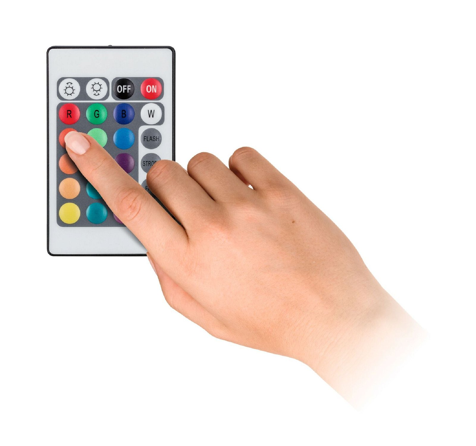 Ręka naciskająca czerwony przycisk na białym pilocie.