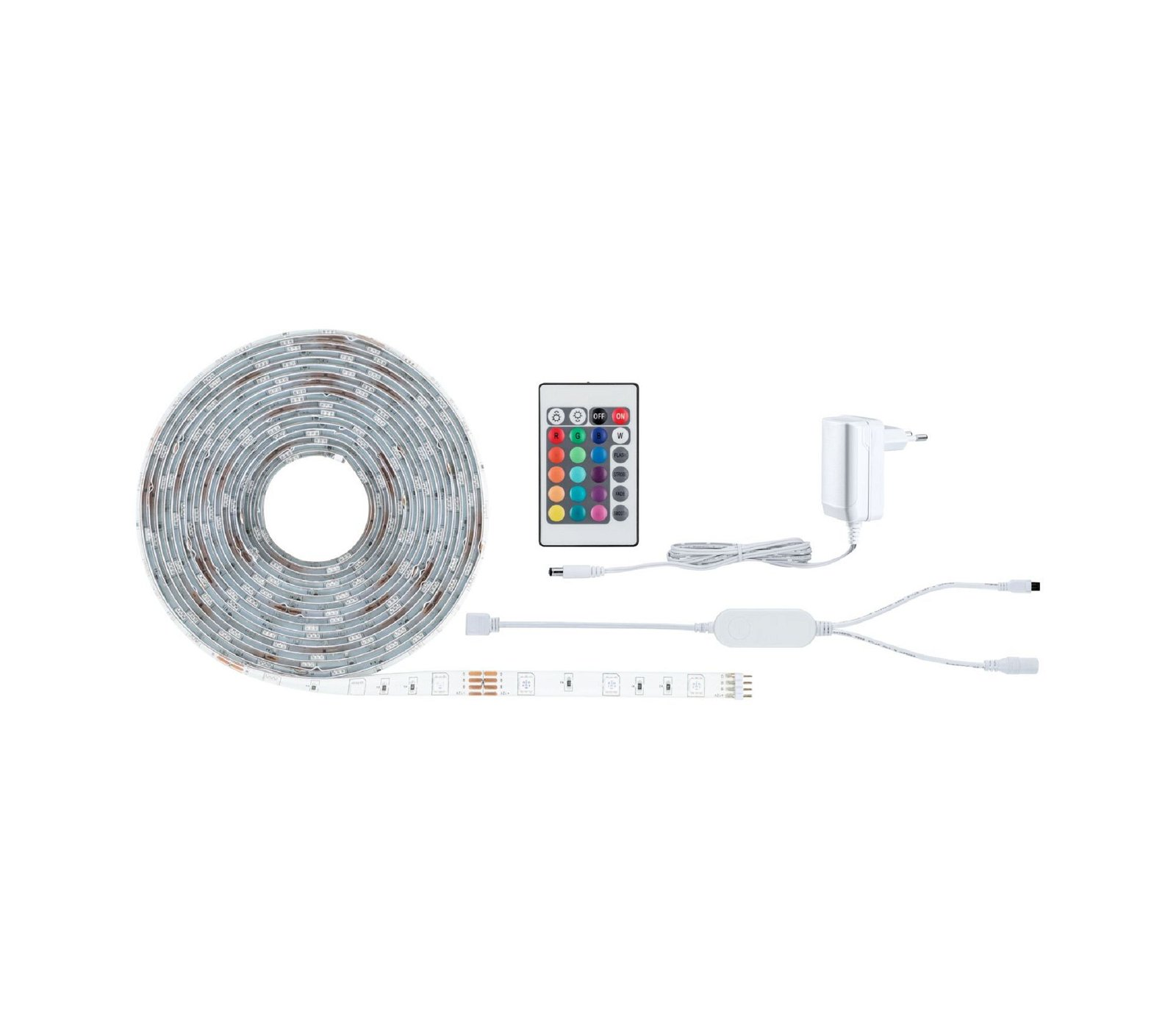 Paski LED zwinięte z pilotem, zasilaczem i złączami, wszystko w kolorze białym.