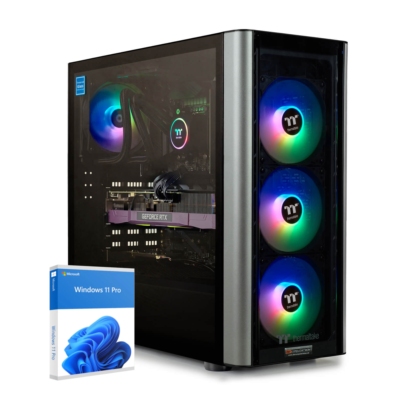 Schwarzer Computerturm mit Komponenten, Windows 11 Pro Box und bunten Lüftern.